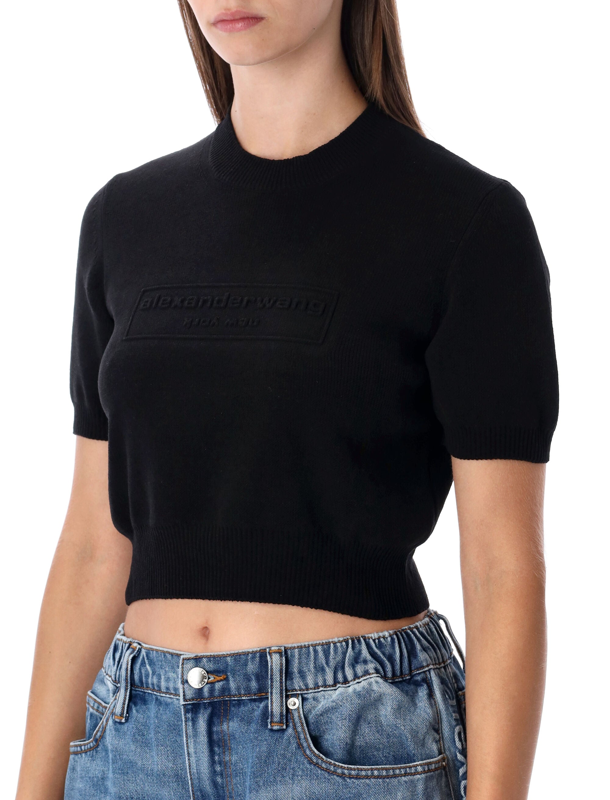 Alexander Wang cropped ribbed chenille sweater with logo Black Polyester