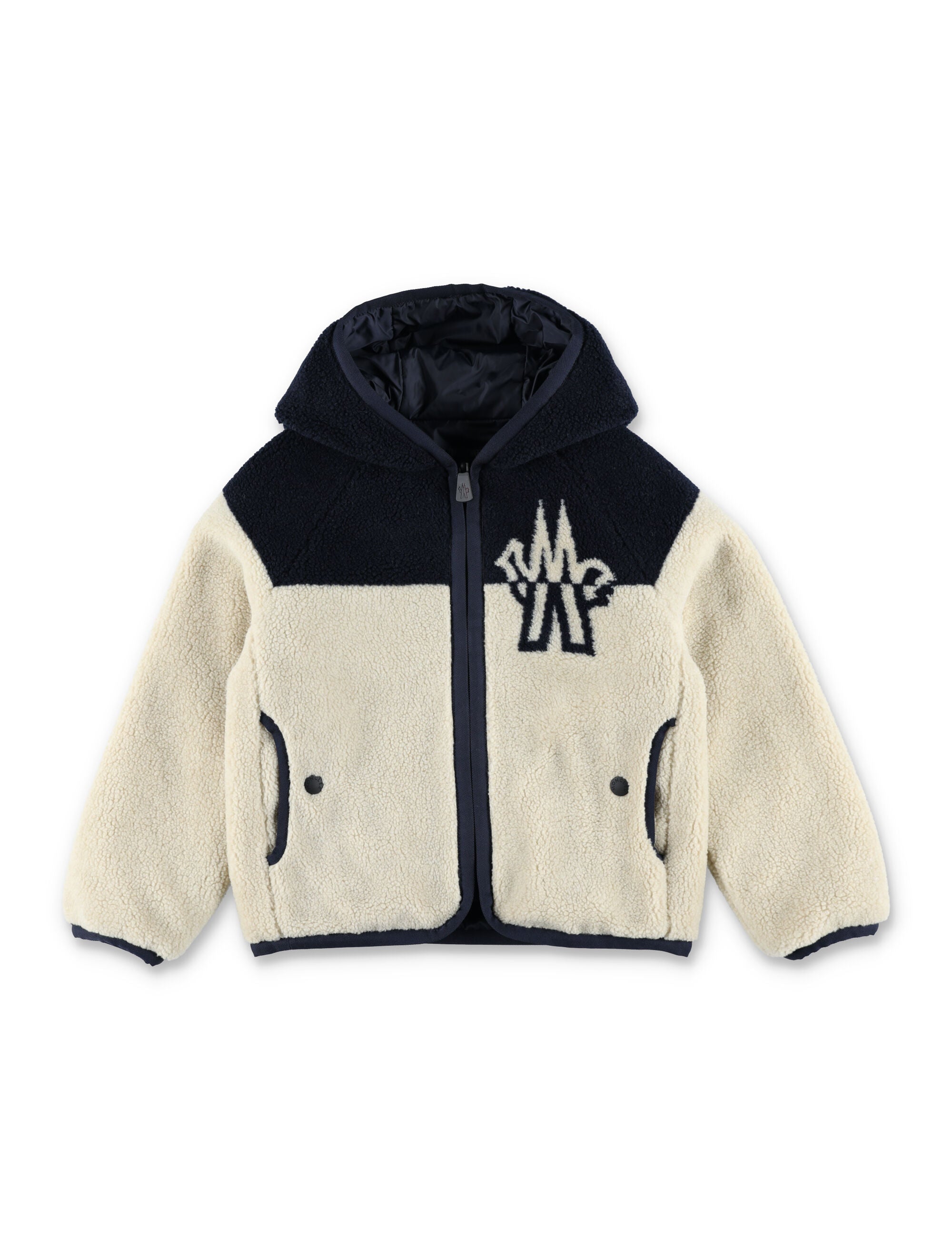 Reversible Teddy and nylon zip-up hoodie Moncler Grenoble kids Beige Blue Acrylic Fleeces