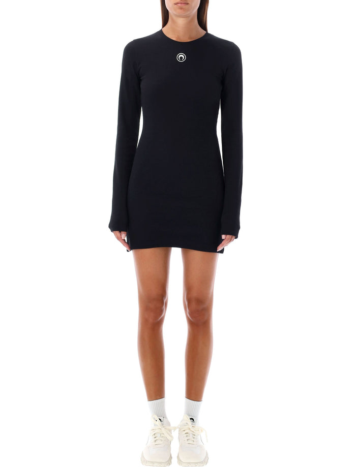 Marine Serre Mini Jersey Long-Sleeved Crewneck Dress Black Organic Cotton