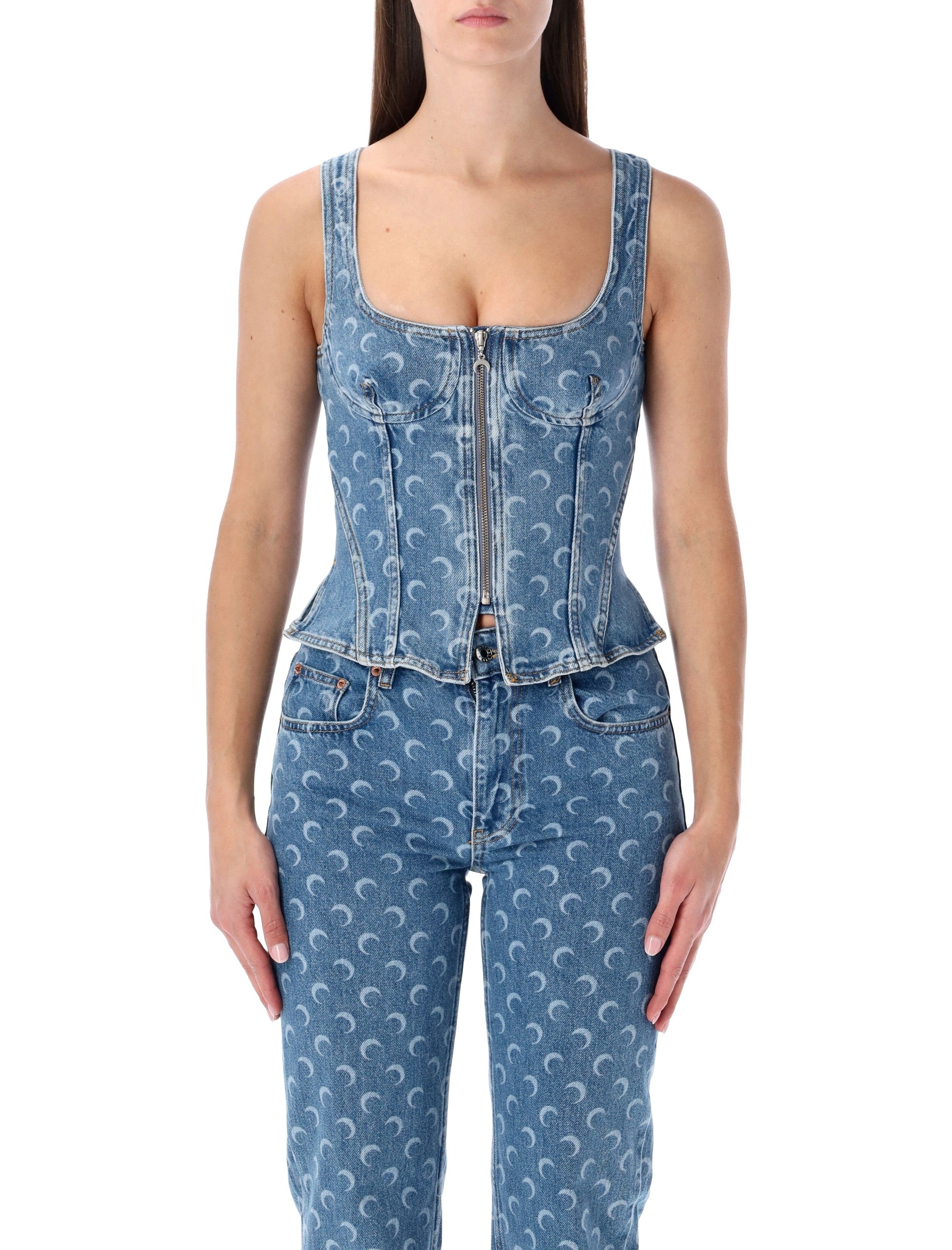 Marine Serre Moon Laser denim bustier top Light Blue Cotton