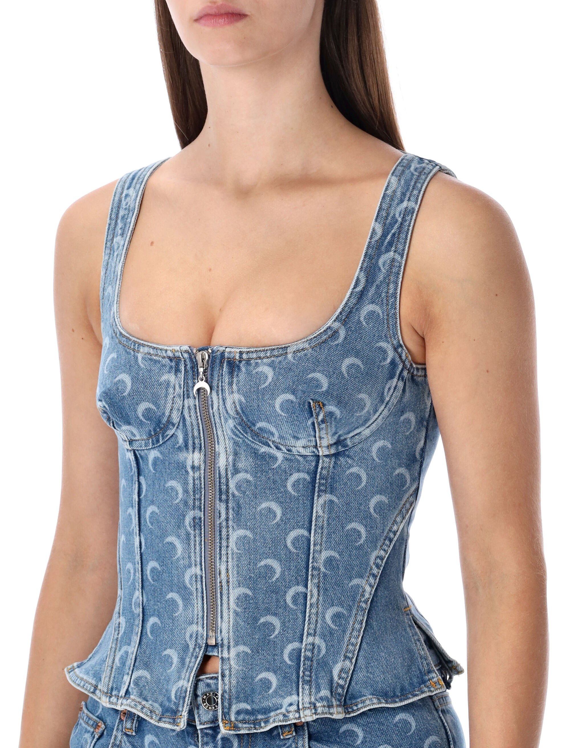 Marine Serre Moon Laser denim bustier top Light Blue Cotton