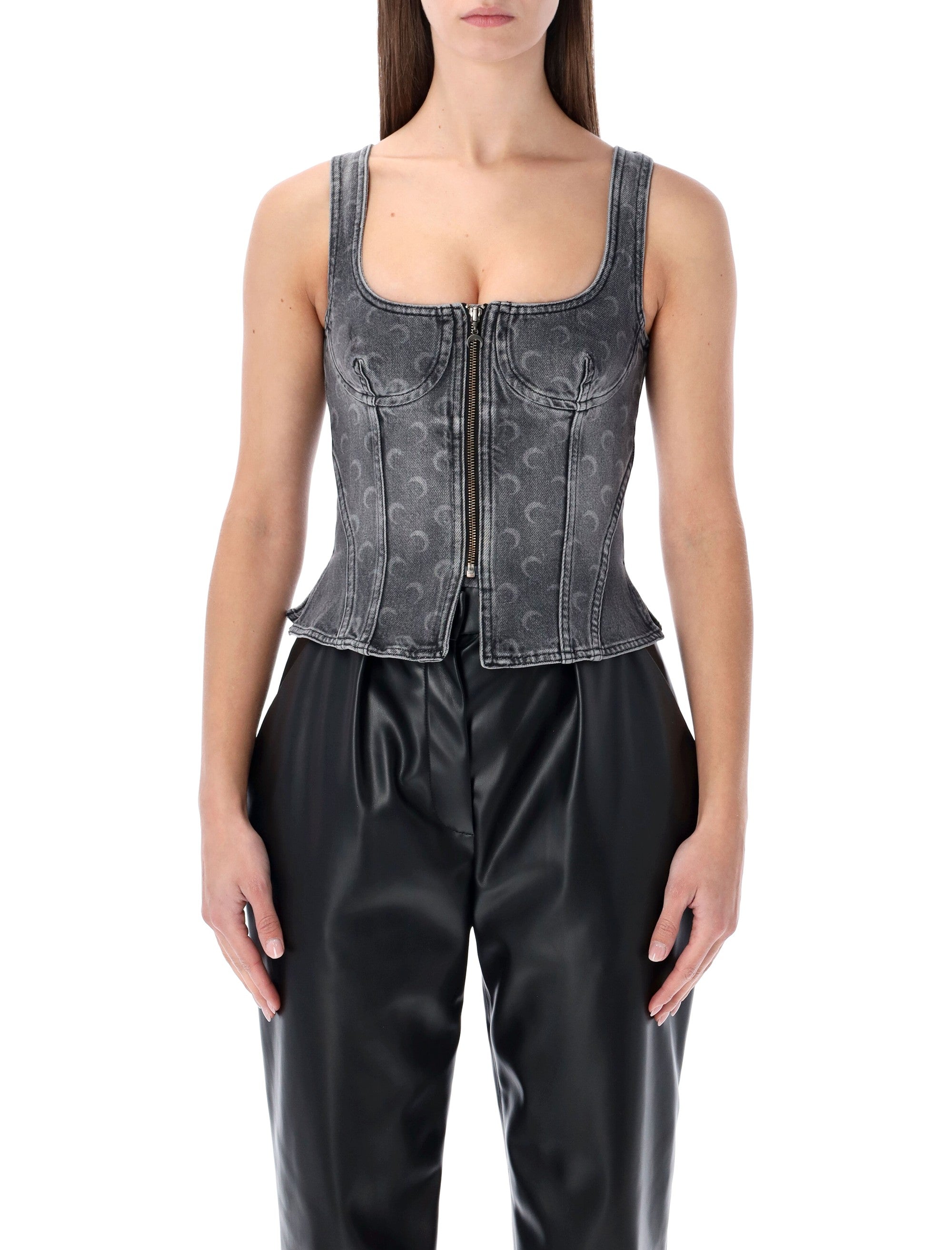 Marine Serre Moon laser grey washed denim bustier top Dark Cotton