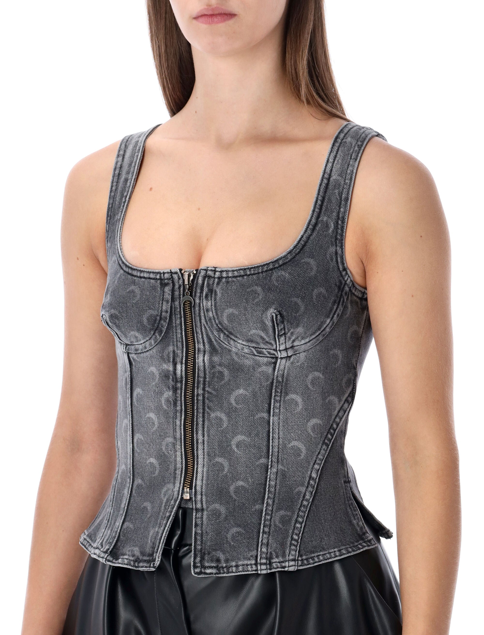 Marine Serre Moon laser grey washed denim bustier top Dark Cotton