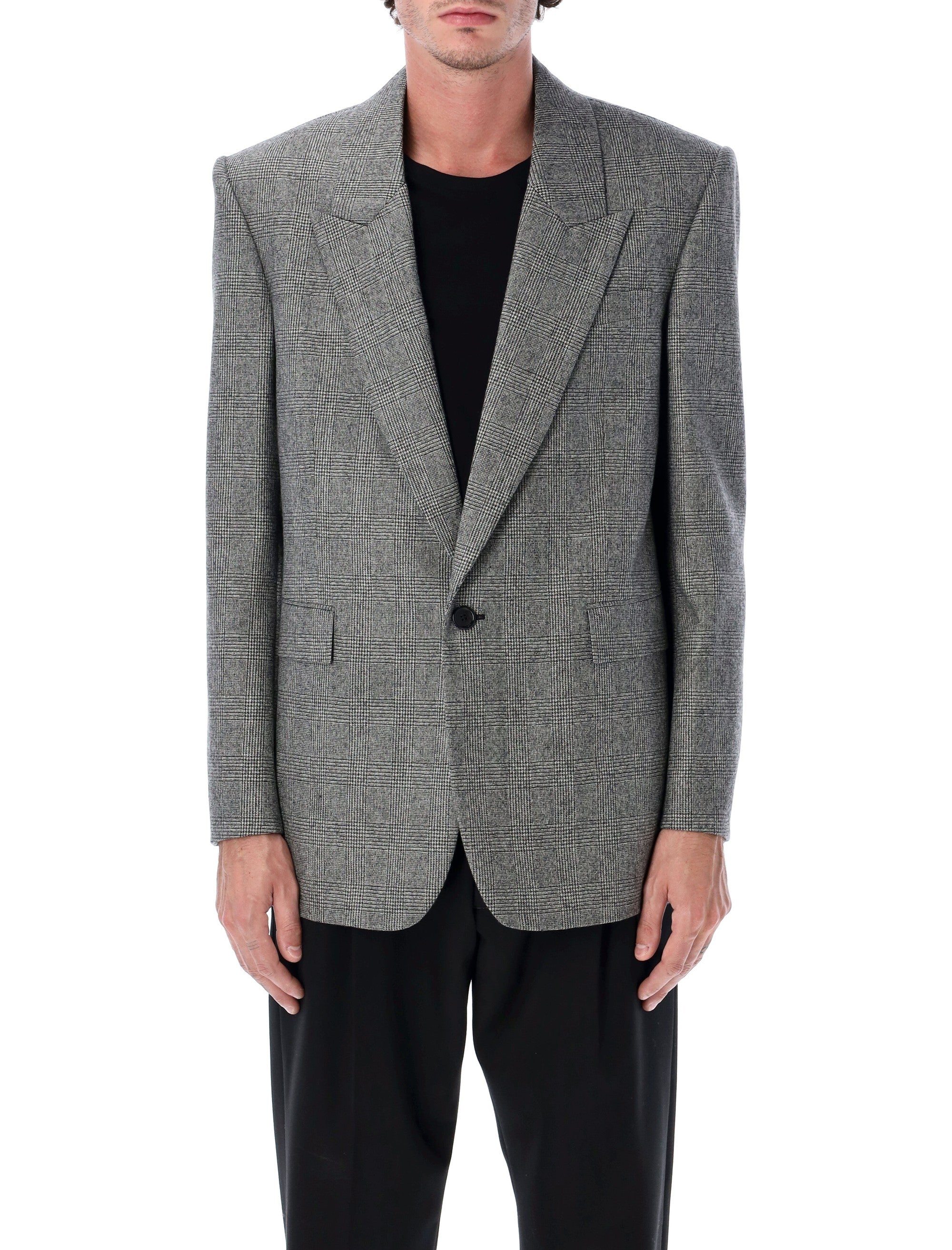 Saint Laurent Prince of Wales wool single-breasted blazer Noir Craie Lining