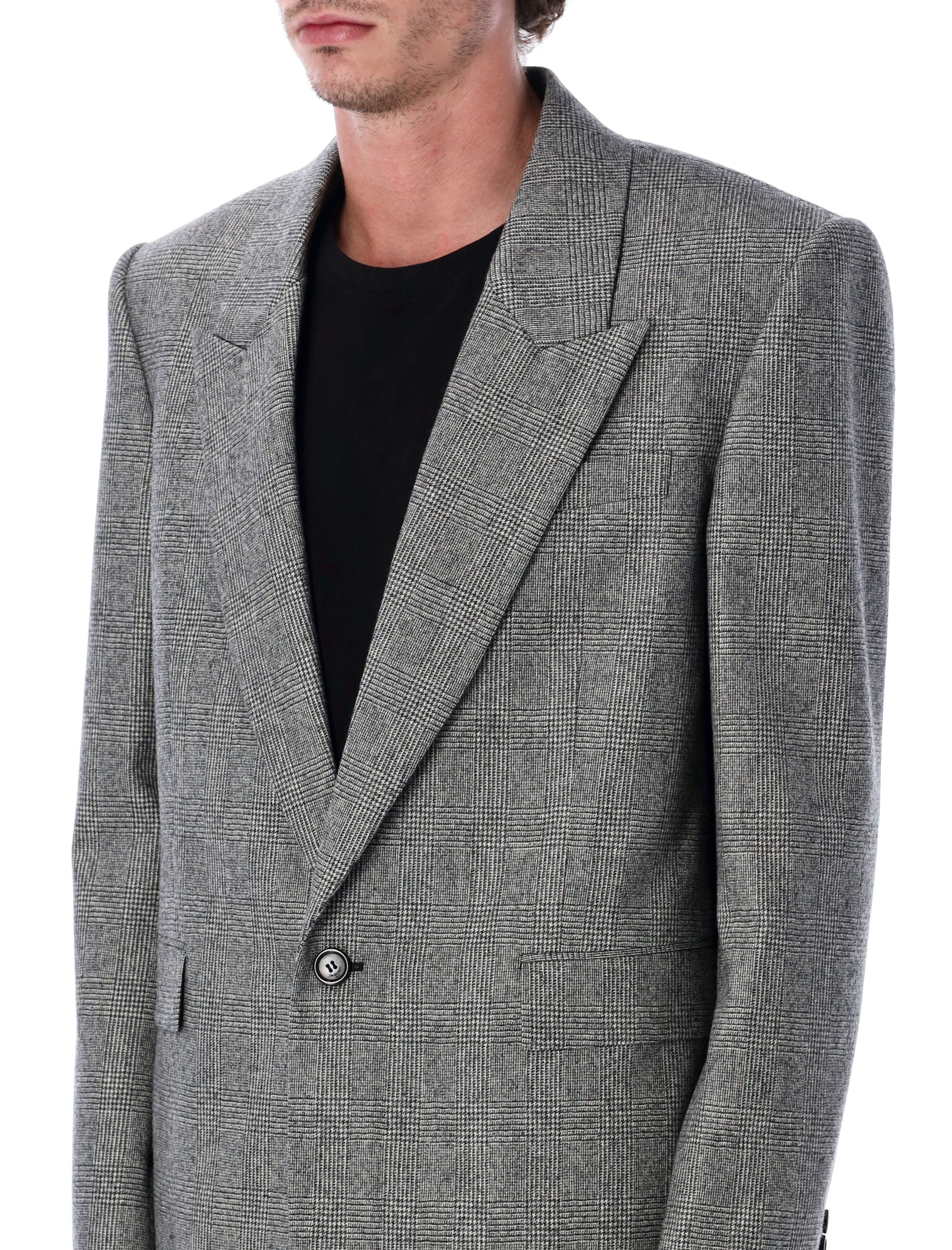 Saint Laurent Prince of Wales wool single-breasted blazer Noir Craie Lining