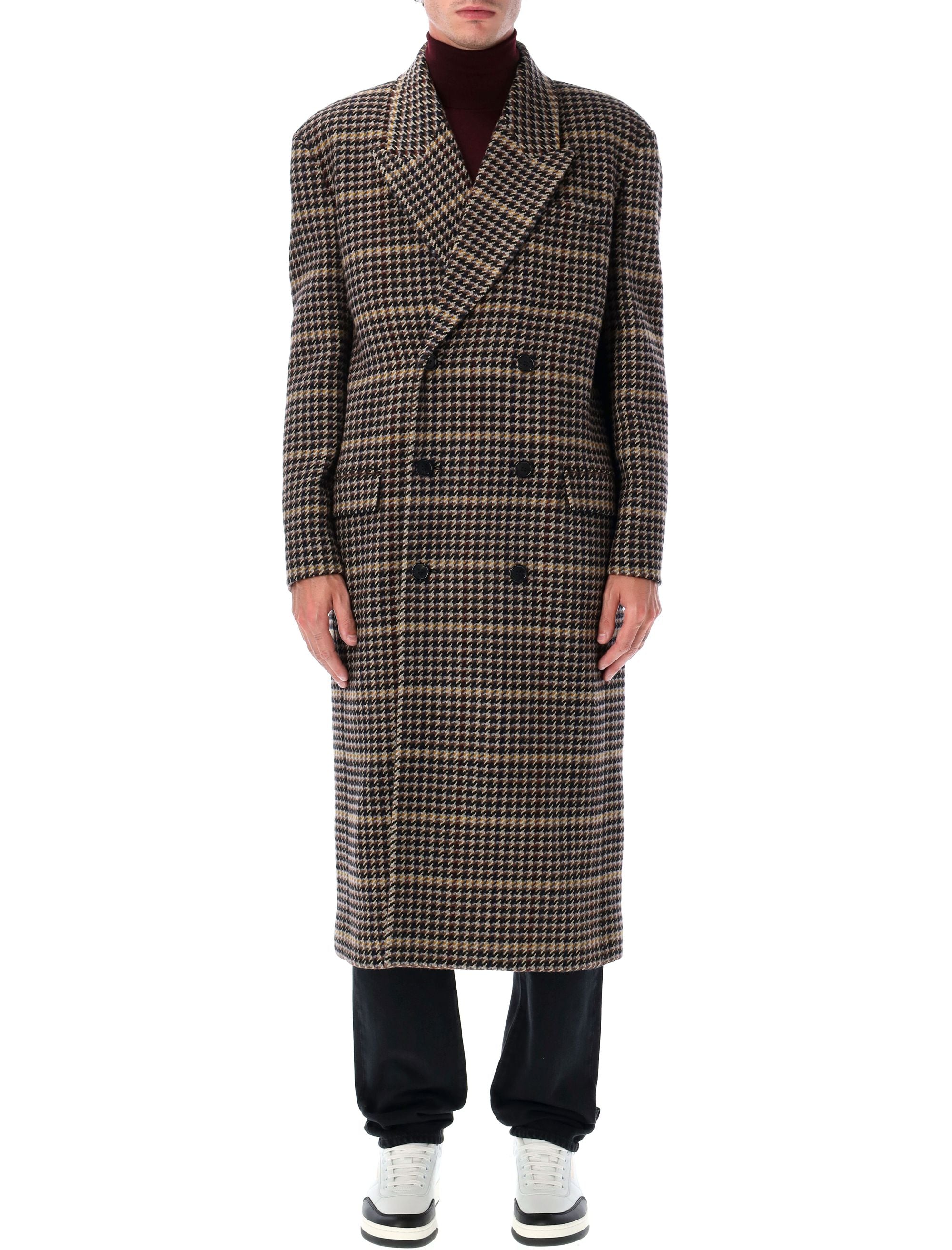 Saint Laurent Checked Wool Long Coat Multicolor Lining