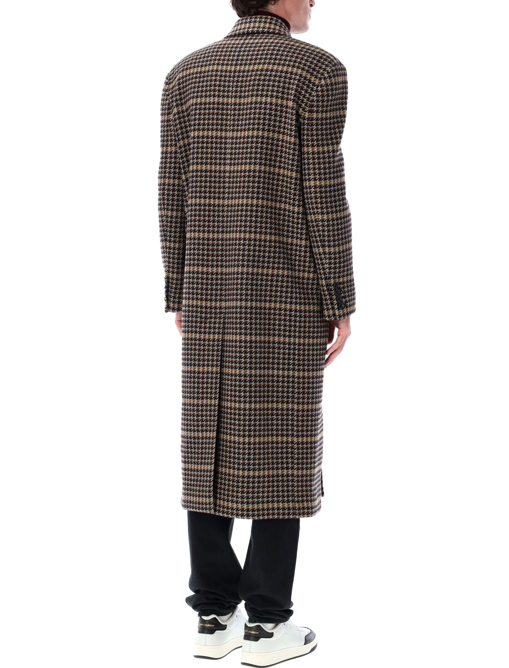 Saint Laurent Checked Wool Long Coat Multicolor Lining