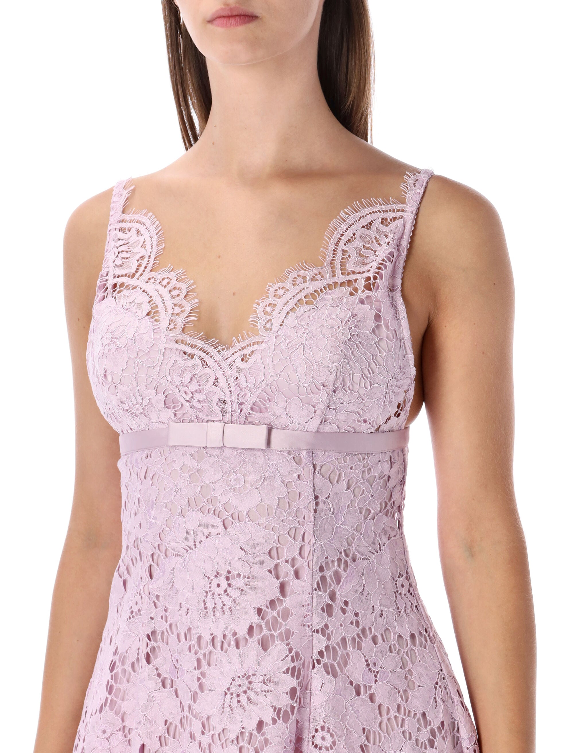 Self-Portrait pink foral lace mini dress with satin bow Polyamide