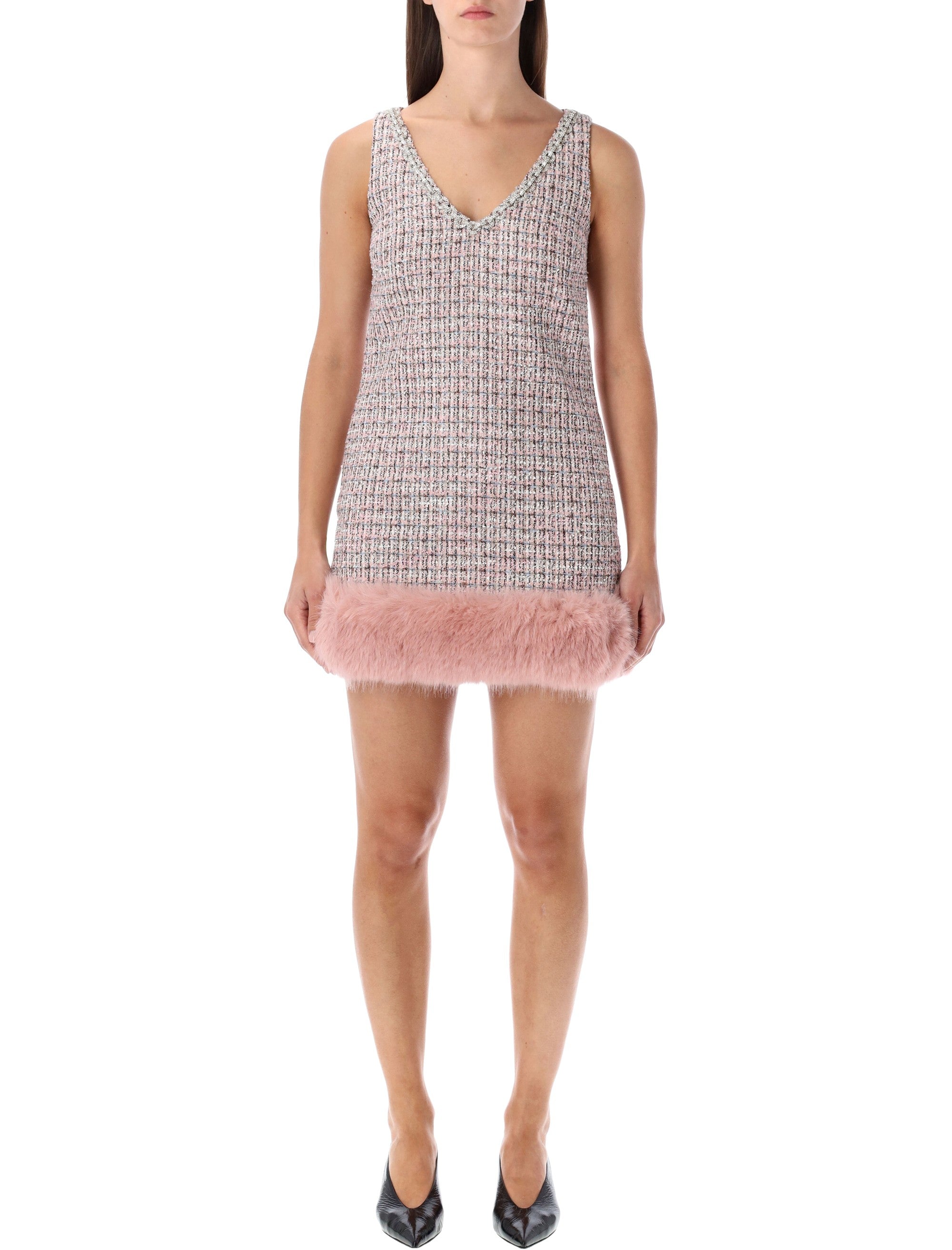 Self-Portrait bouclé mini dress with faux fur hem Pink Polyester