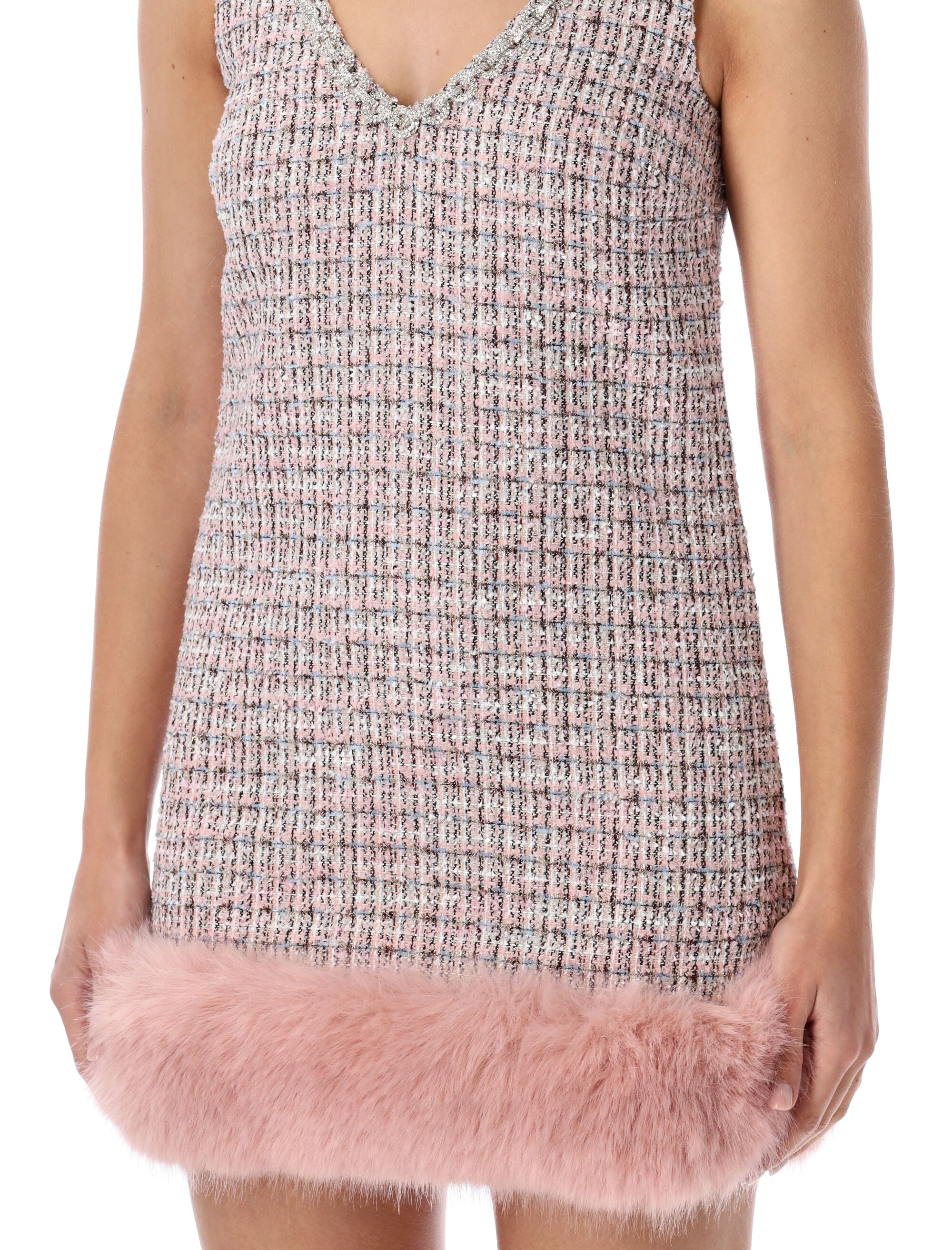 Self-Portrait bouclé mini dress with faux fur hem Pink Polyester