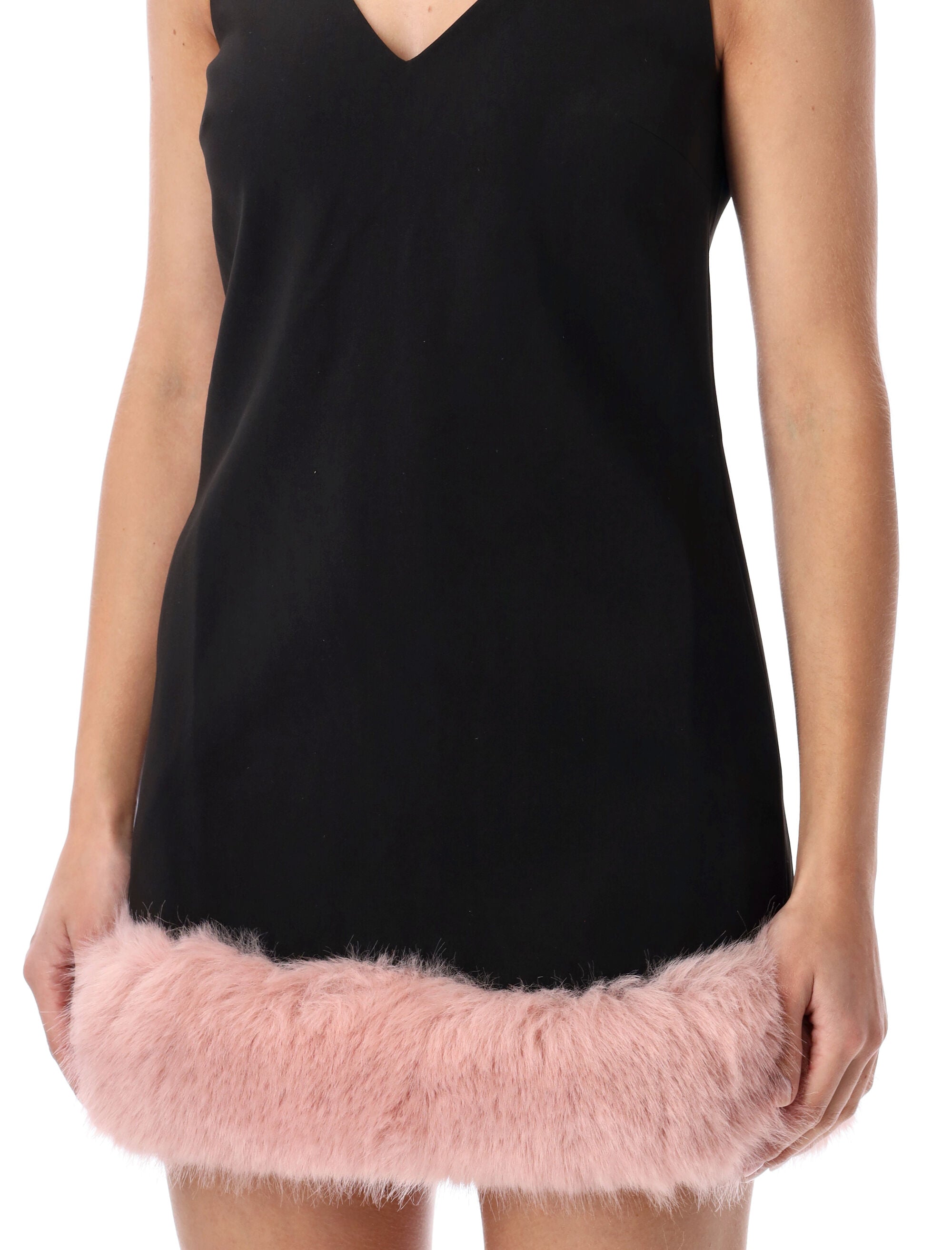 Self-Portrait back crepe mini dress with pink faux fur hem Black Polyester