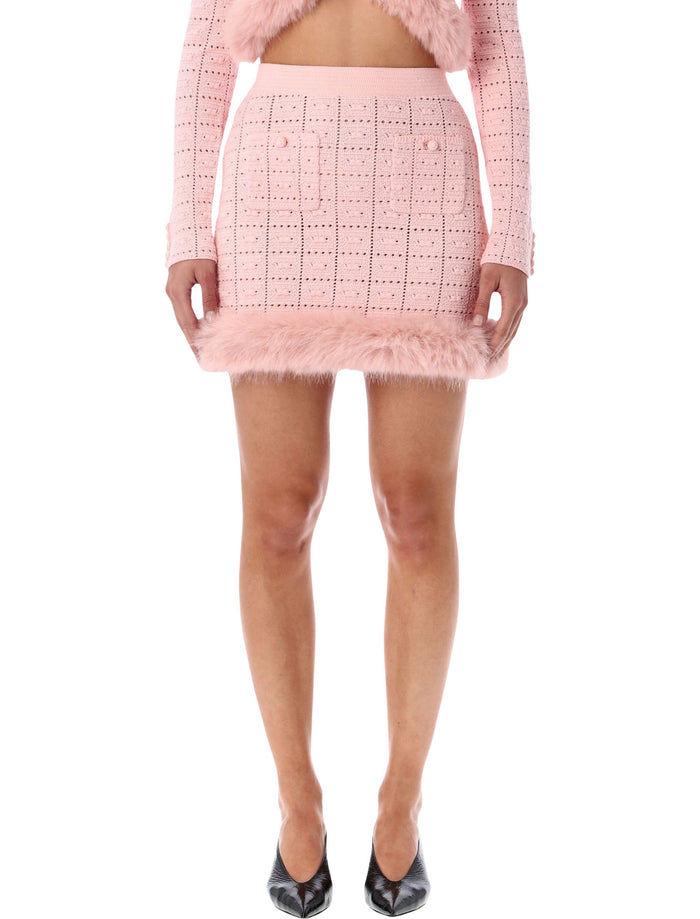 Self-Portrait pink knit mini skirt with faux fur hem Cotton