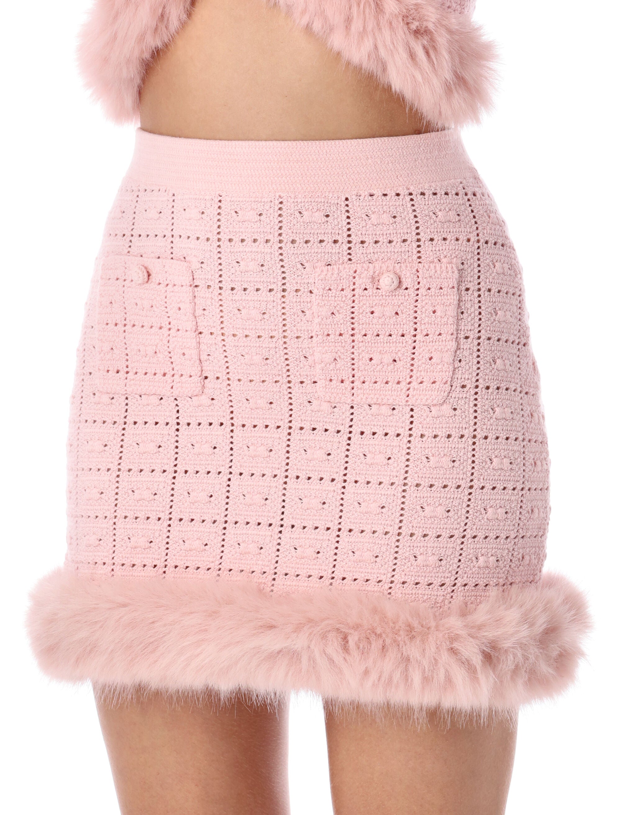 Self-Portrait pink knit mini skirt with faux fur hem Cotton