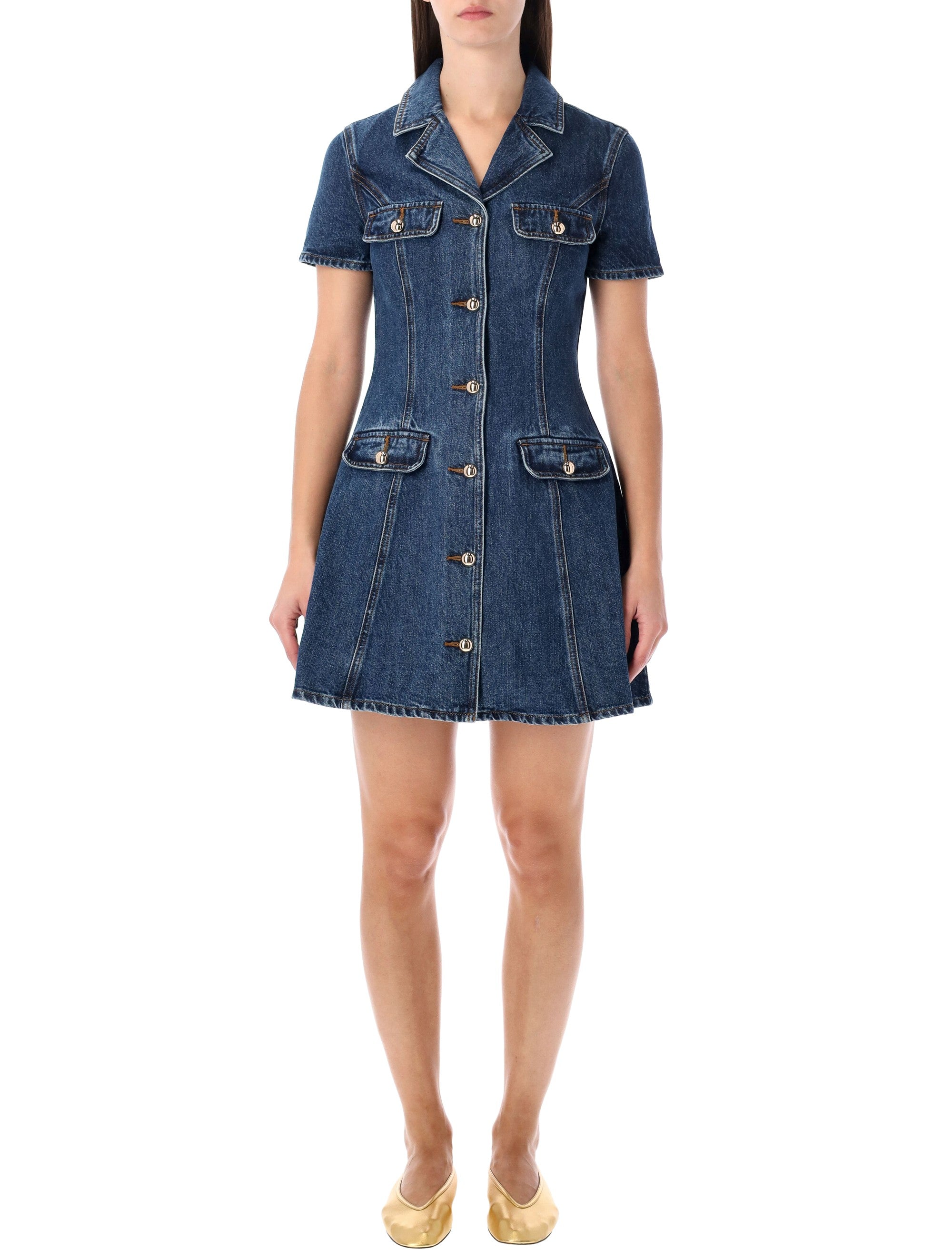 Self-Portrait Blue Denim Mini Dress With Gold Buttons Cotton