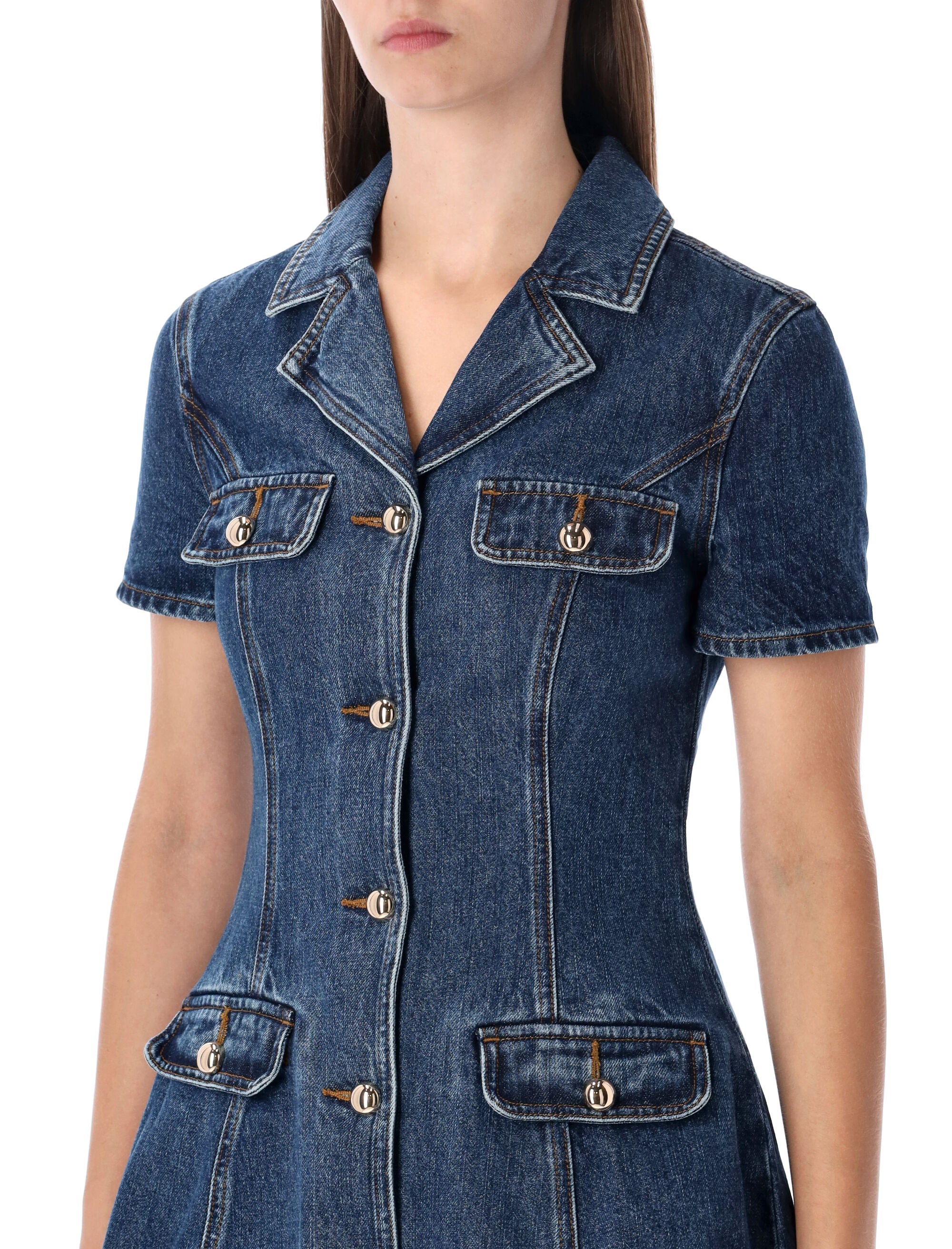 Self-Portrait Blue Denim Mini Dress With Gold Buttons Cotton