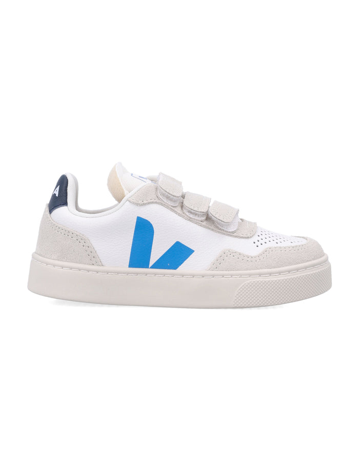Kid - Veja V-90 Leather Sneakers White Egee Bluette Upper