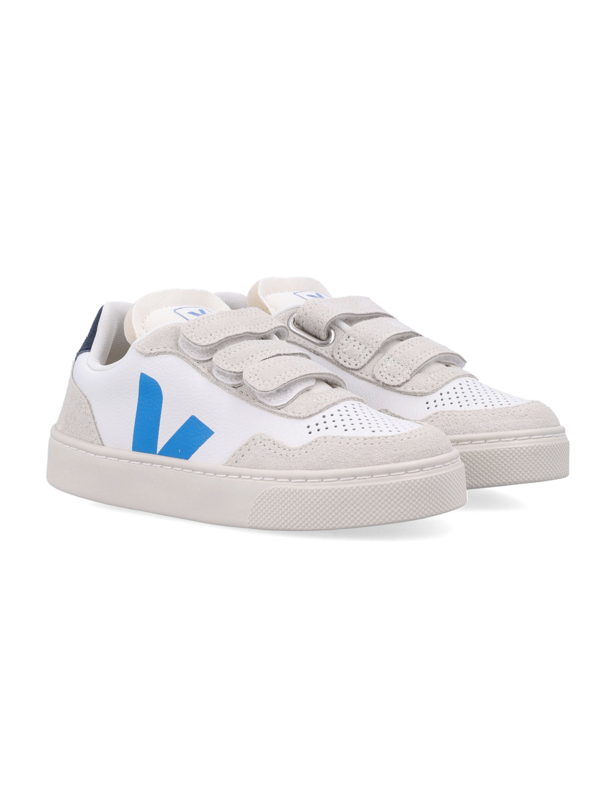 Kid - Veja V-90 Leather Sneakers White Egee Bluette Upper