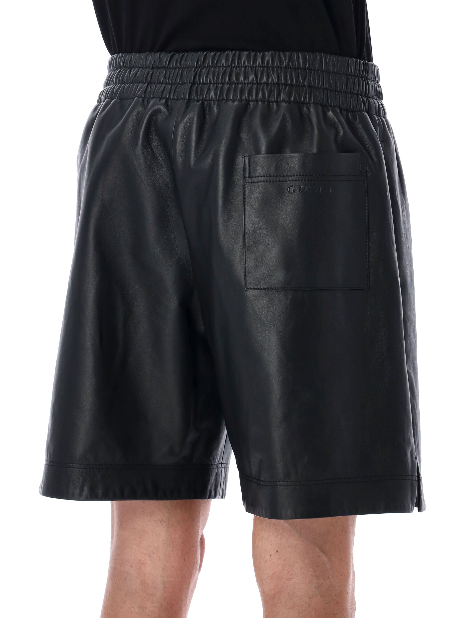 Gucci black leather Bermuda shorts with elasticated waist Lamb Lining