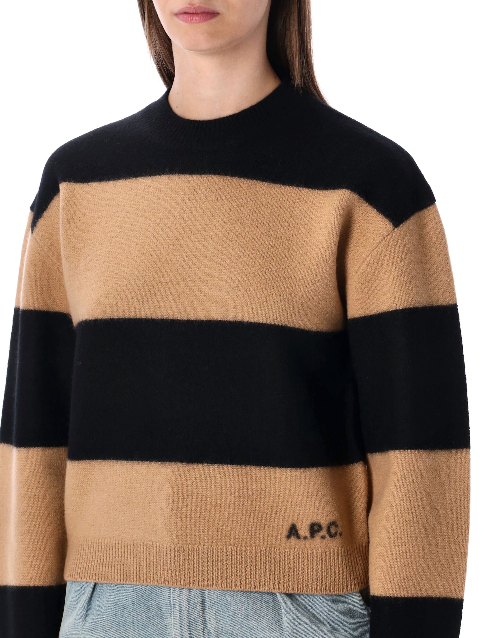A.P.C. Penny Striped Sweater Camel Black Virgin Wool
