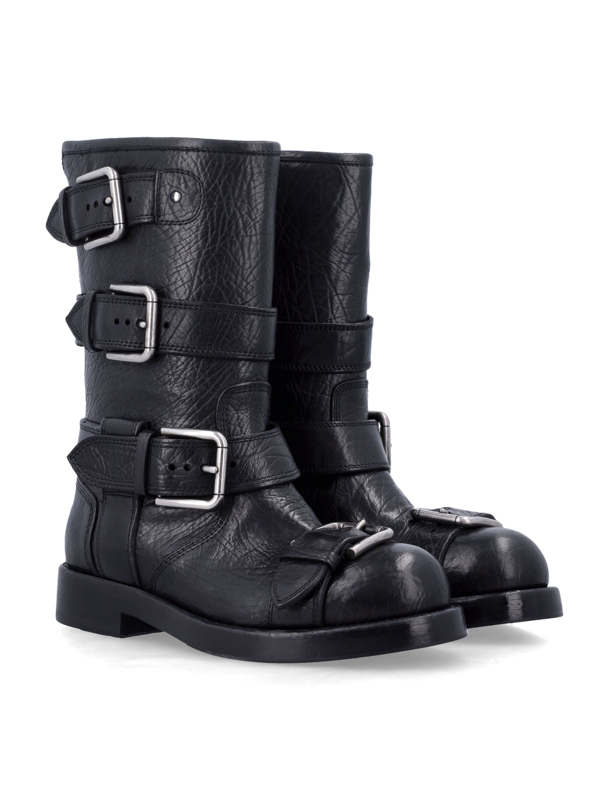 Dolce & Gabbana Black Leather Biker Boots With Buckles