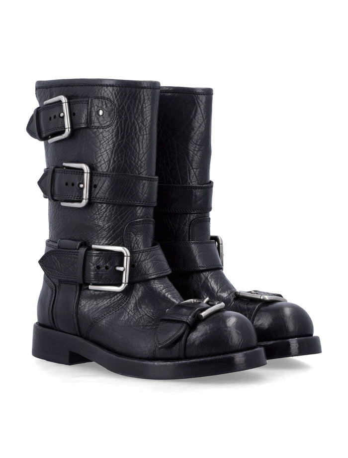 Dolce & Gabbana Black Leather Biker Boots With Buckles