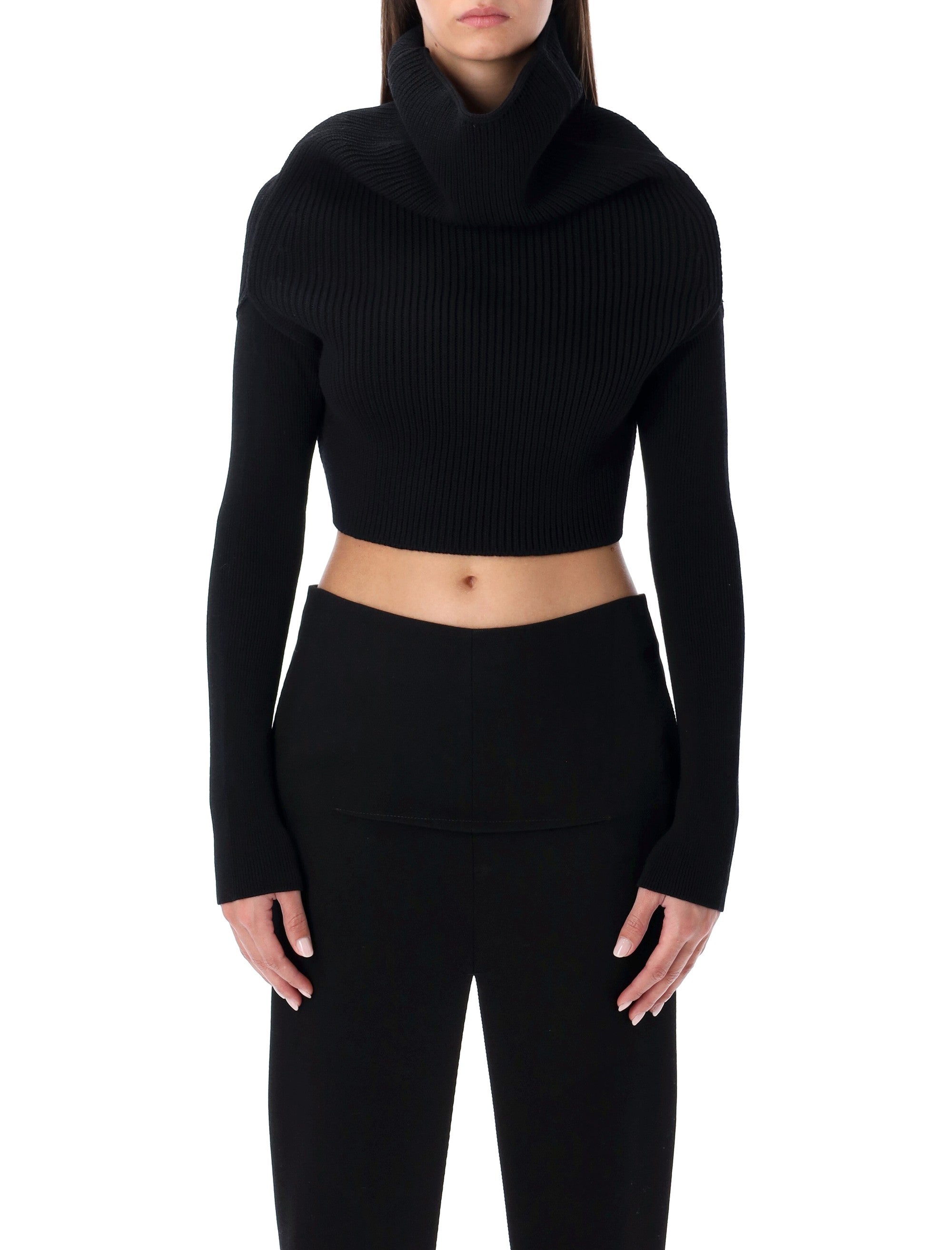 Rick Owens black cropped knit with cowl neck New Wool Sweater
