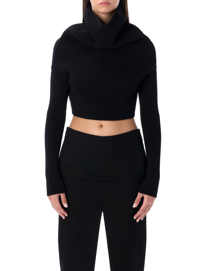 Rick Owens black cropped knit with cowl neck New Wool Sweater