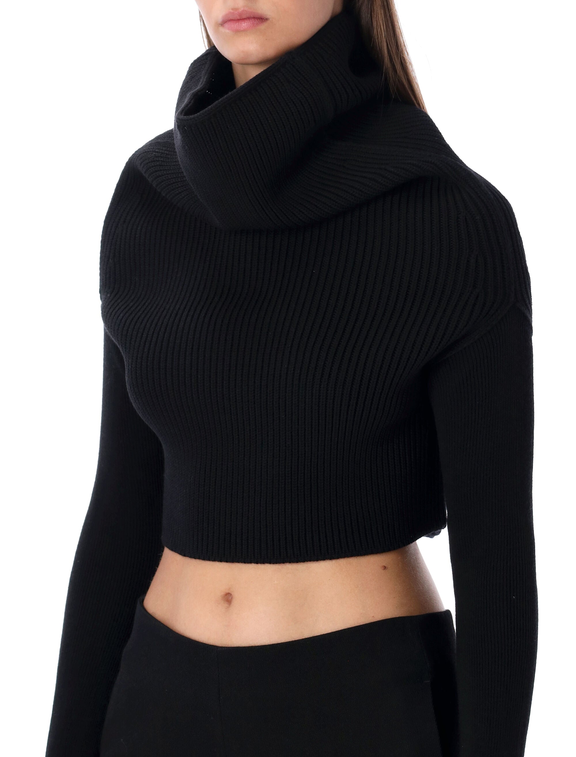 Rick Owens black cropped knit with cowl neck New Wool Sweater