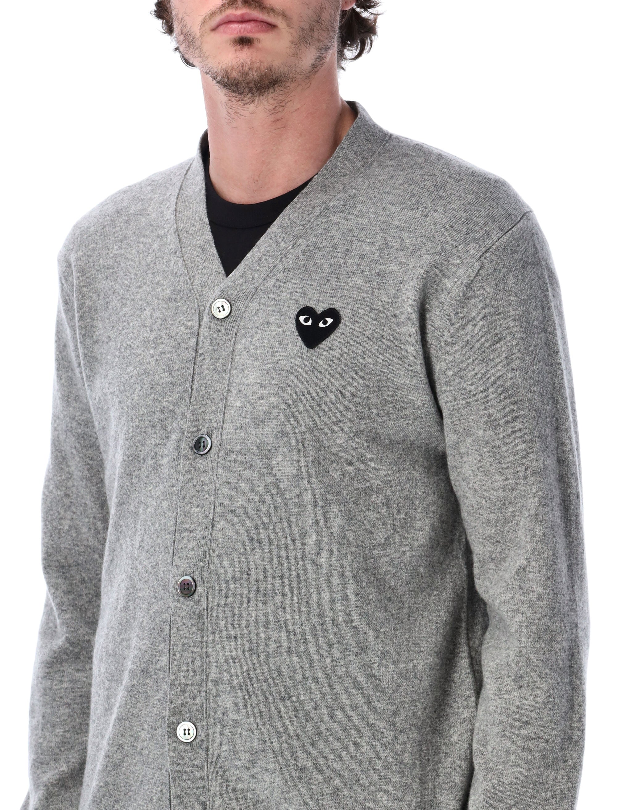Comme Des Garçons Play Black Heart V-Neck Cardigan Light Grey Wool