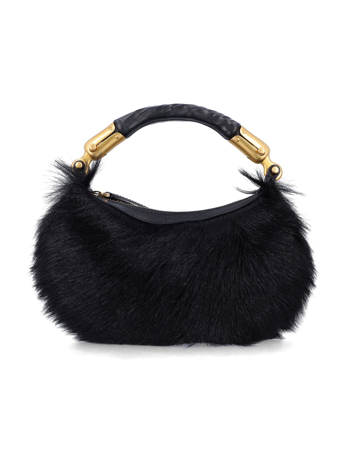 Balmain genuine fur handbag with leather handle Black Goat Clutch