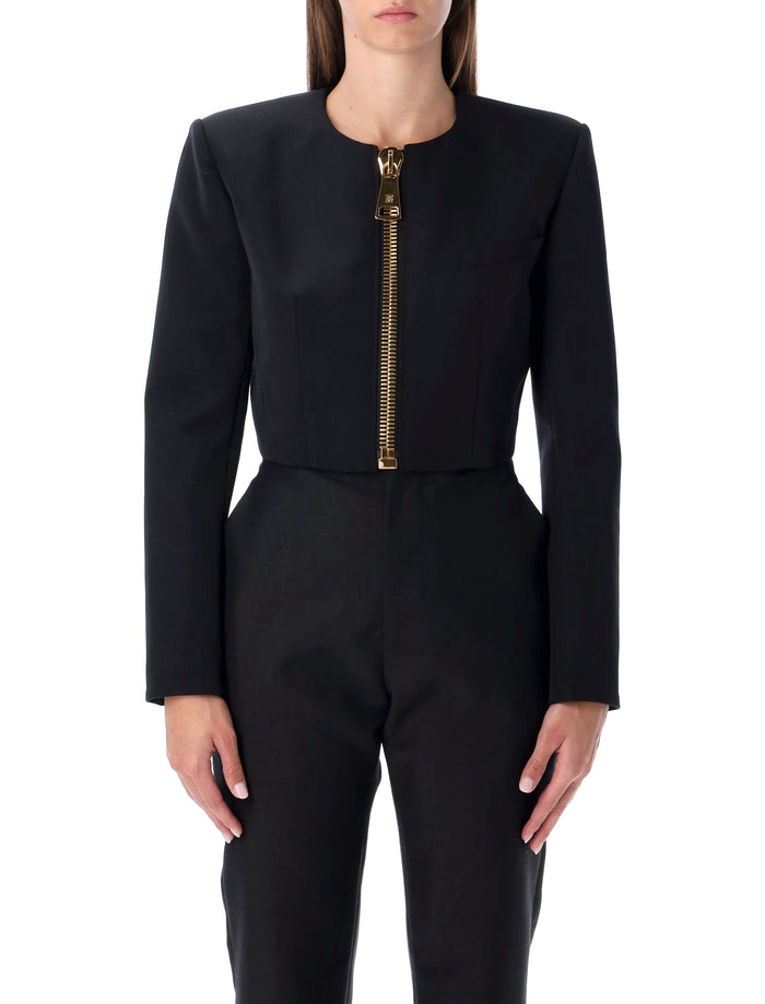 Balmain cropped black wool jacket with gold zip Virgin