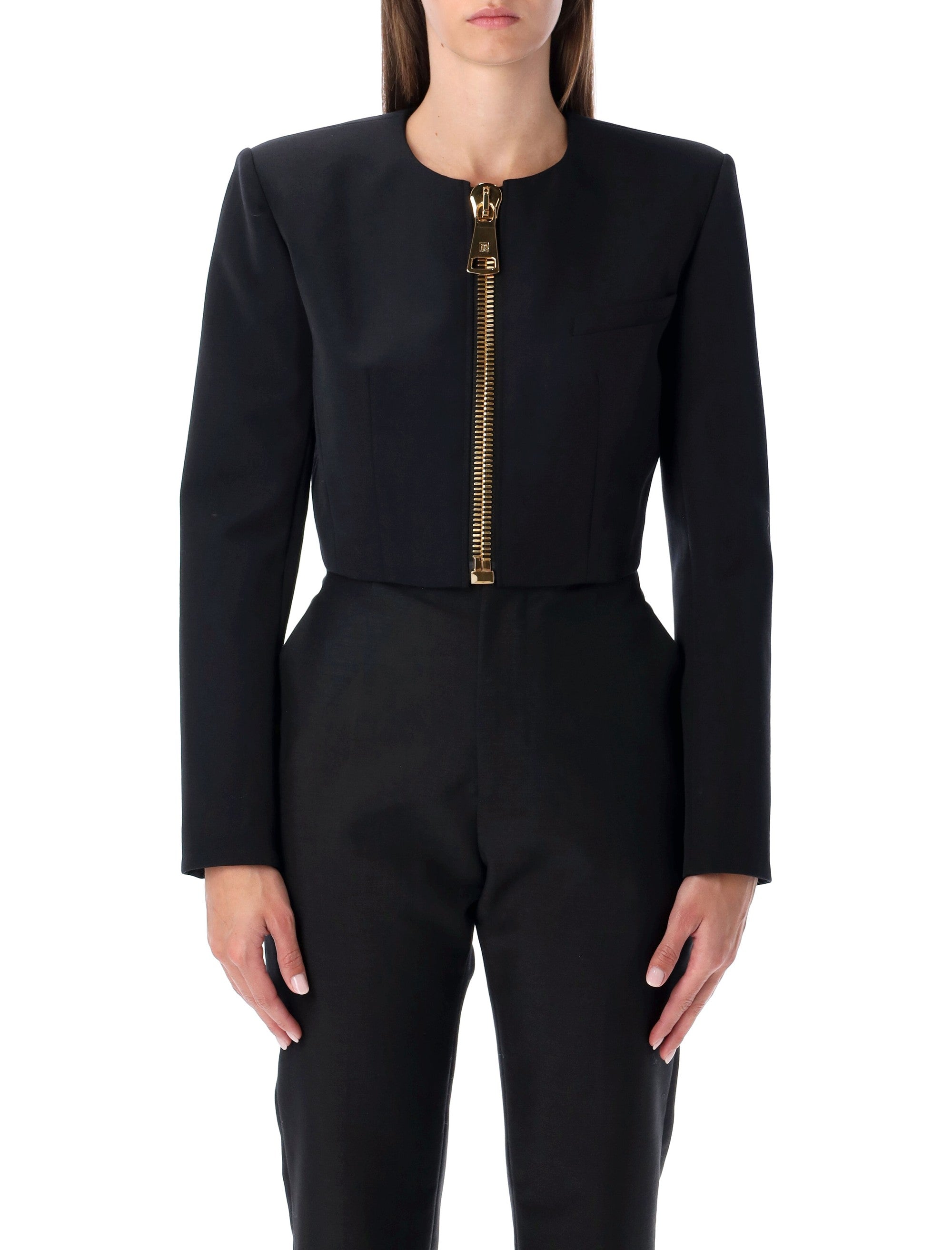 Balmain cropped black wool jacket with gold zip Virgin