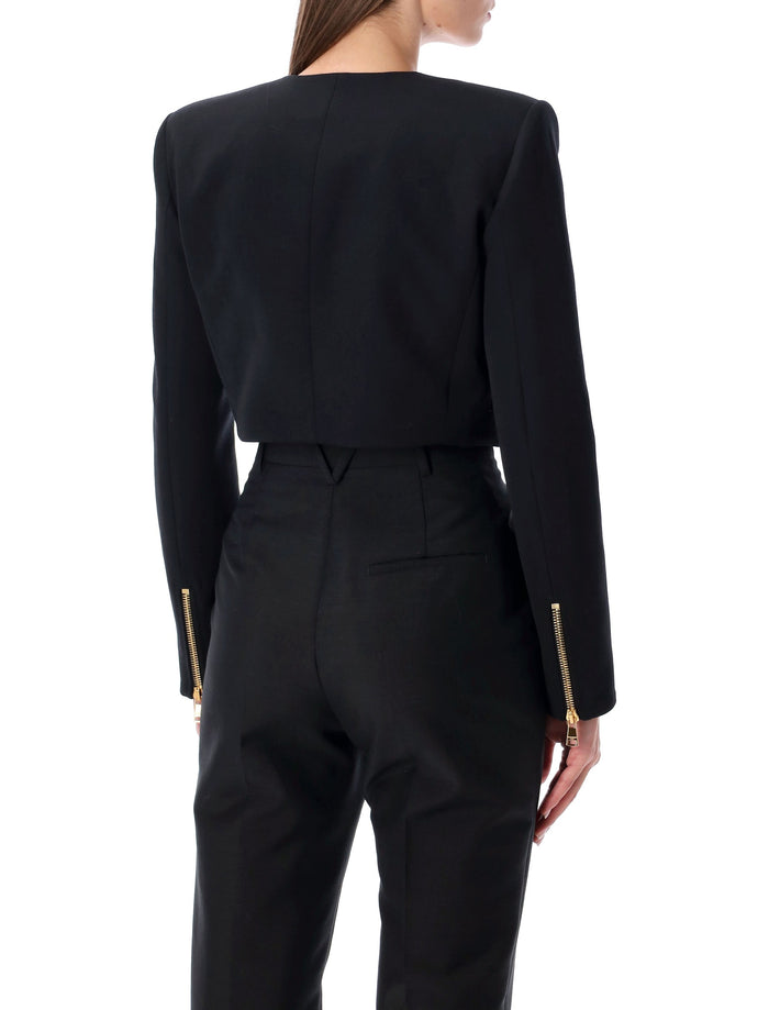 Balmain cropped black wool jacket with gold zip Virgin
