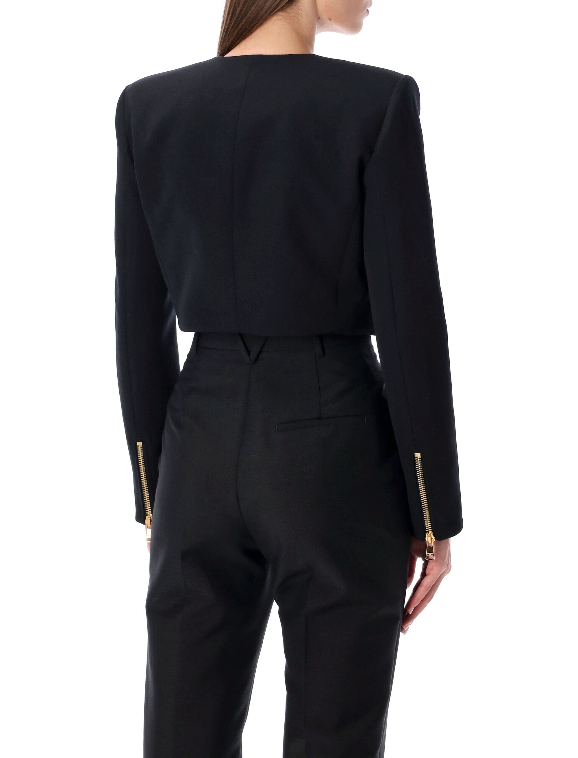 Balmain cropped black wool jacket with gold zip Virgin