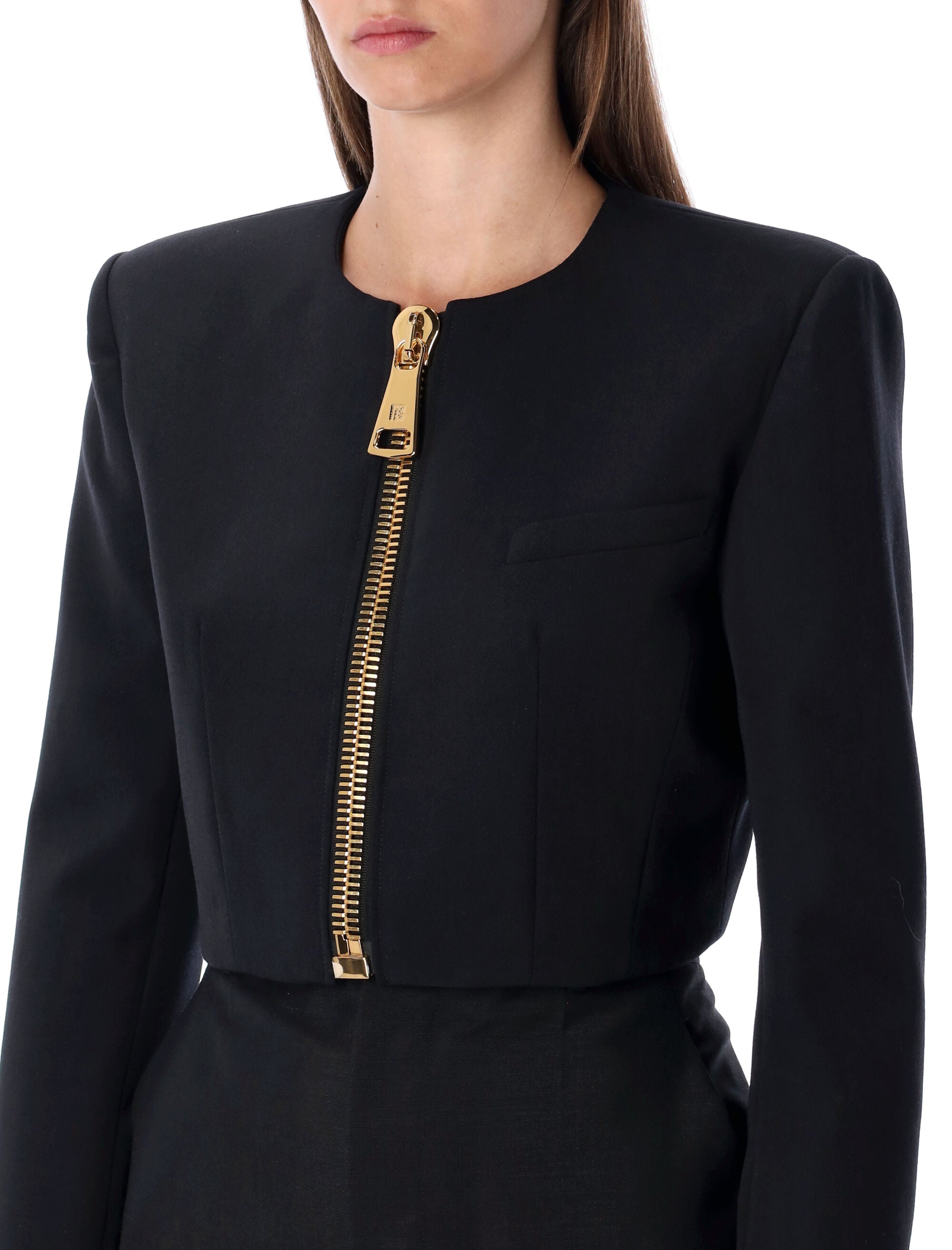 Balmain cropped black wool jacket with gold zip Virgin