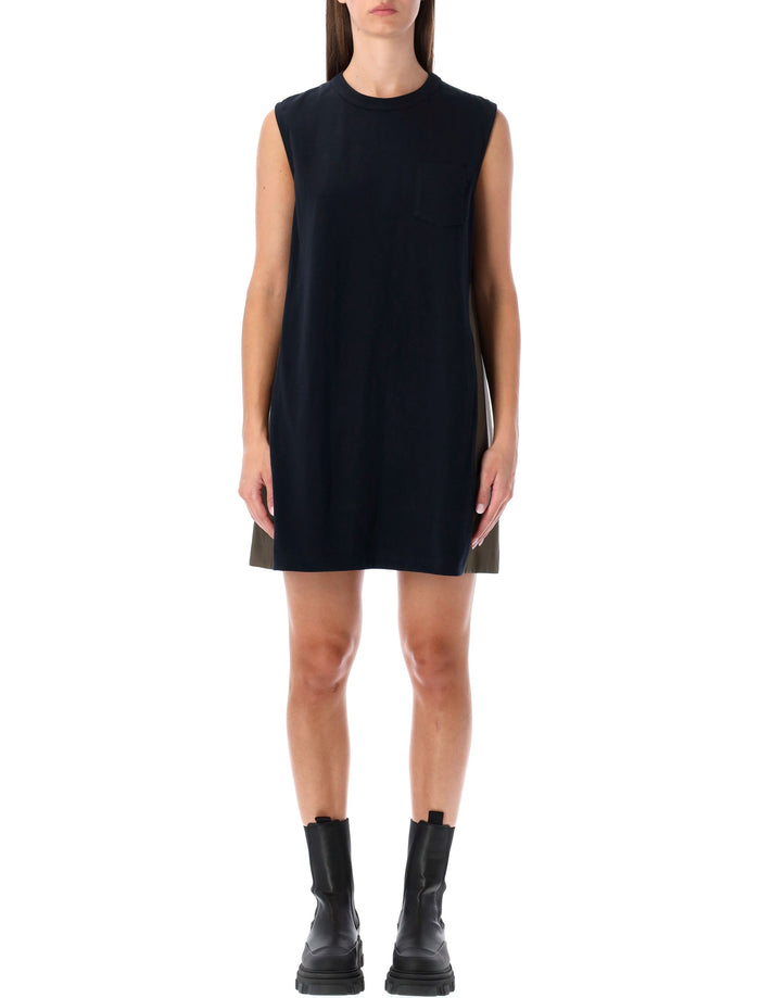 Sacai short dress with contrasting pleated back Navy Khaki Cotton