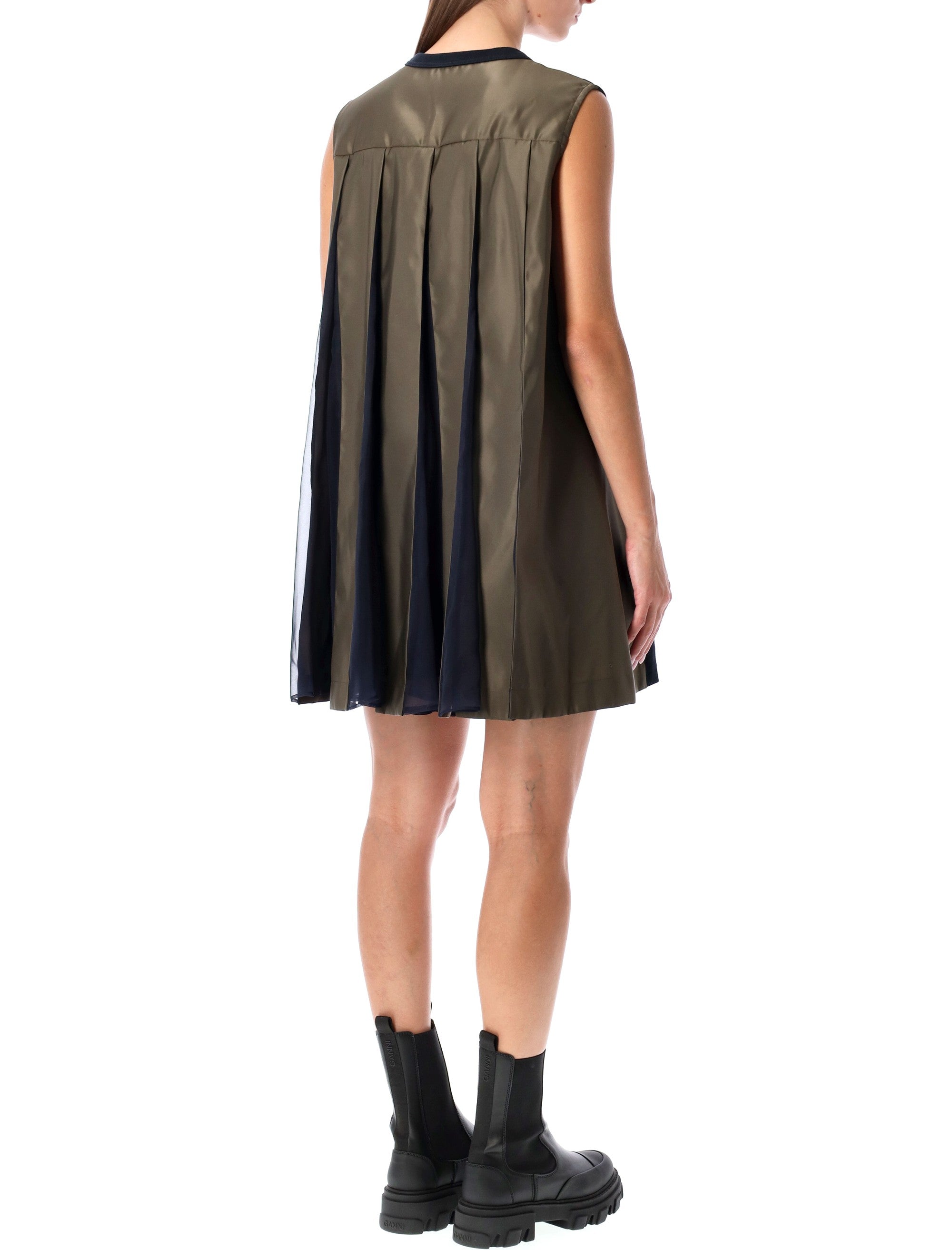 Sacai short dress with contrasting pleated back Navy Khaki Cotton
