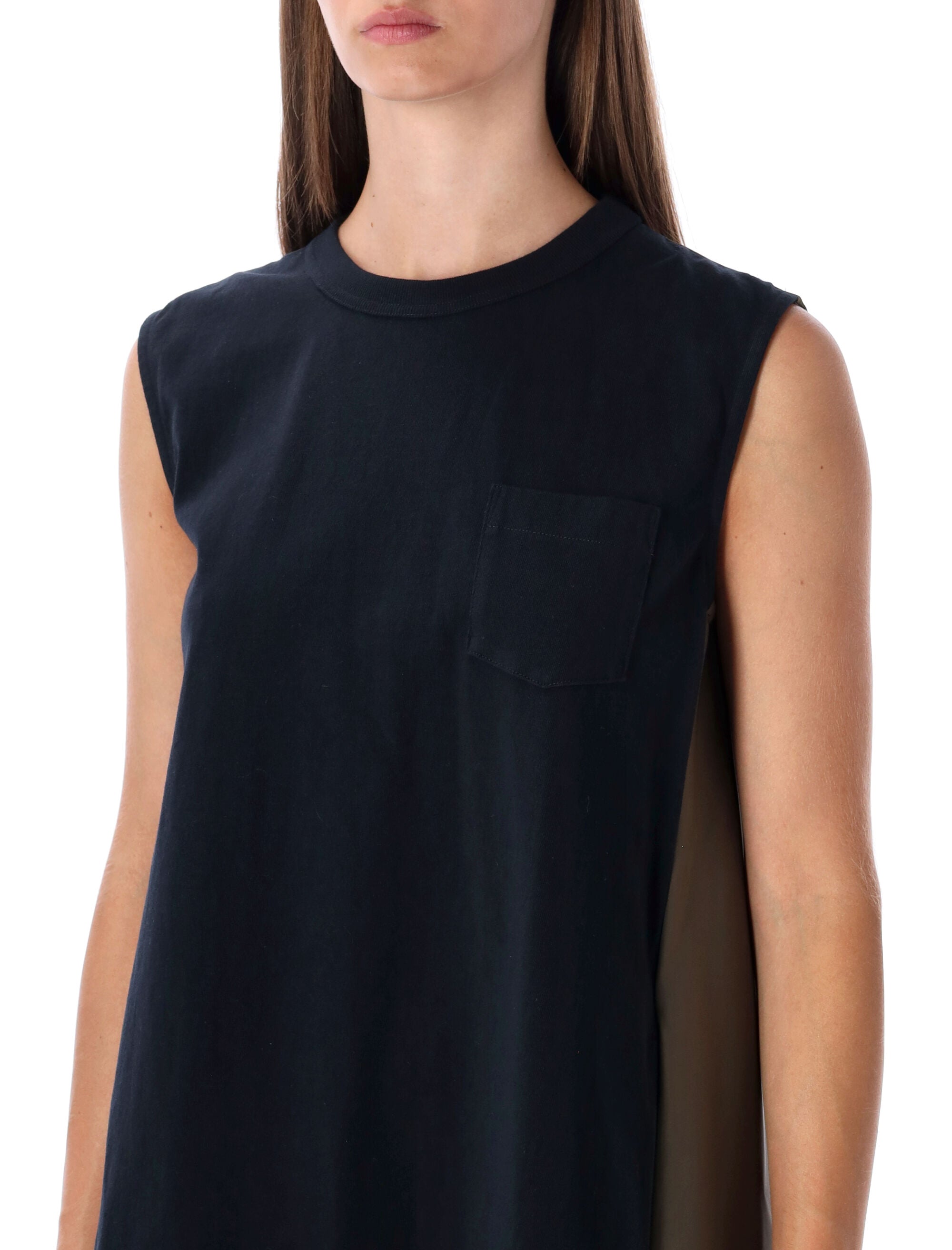 Sacai short dress with contrasting pleated back Navy Khaki Cotton