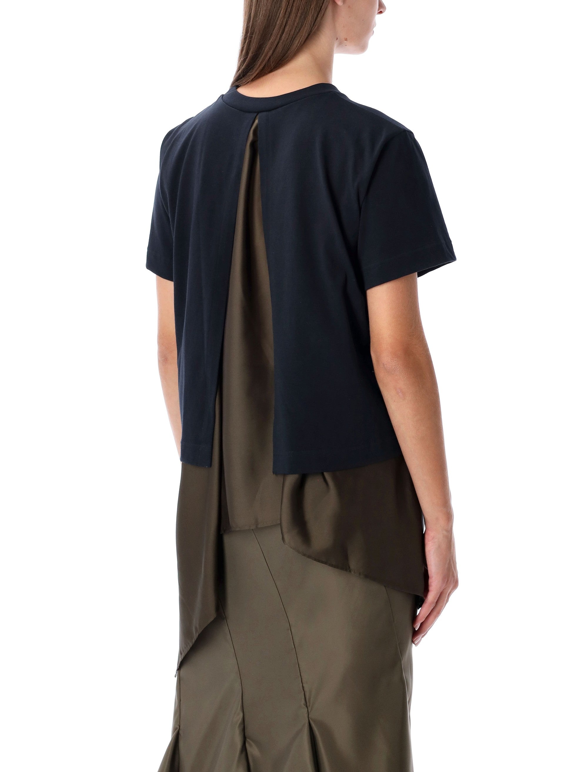 Sacai t-shirt with voile back insert Navy Khaki Cotton Tshirt