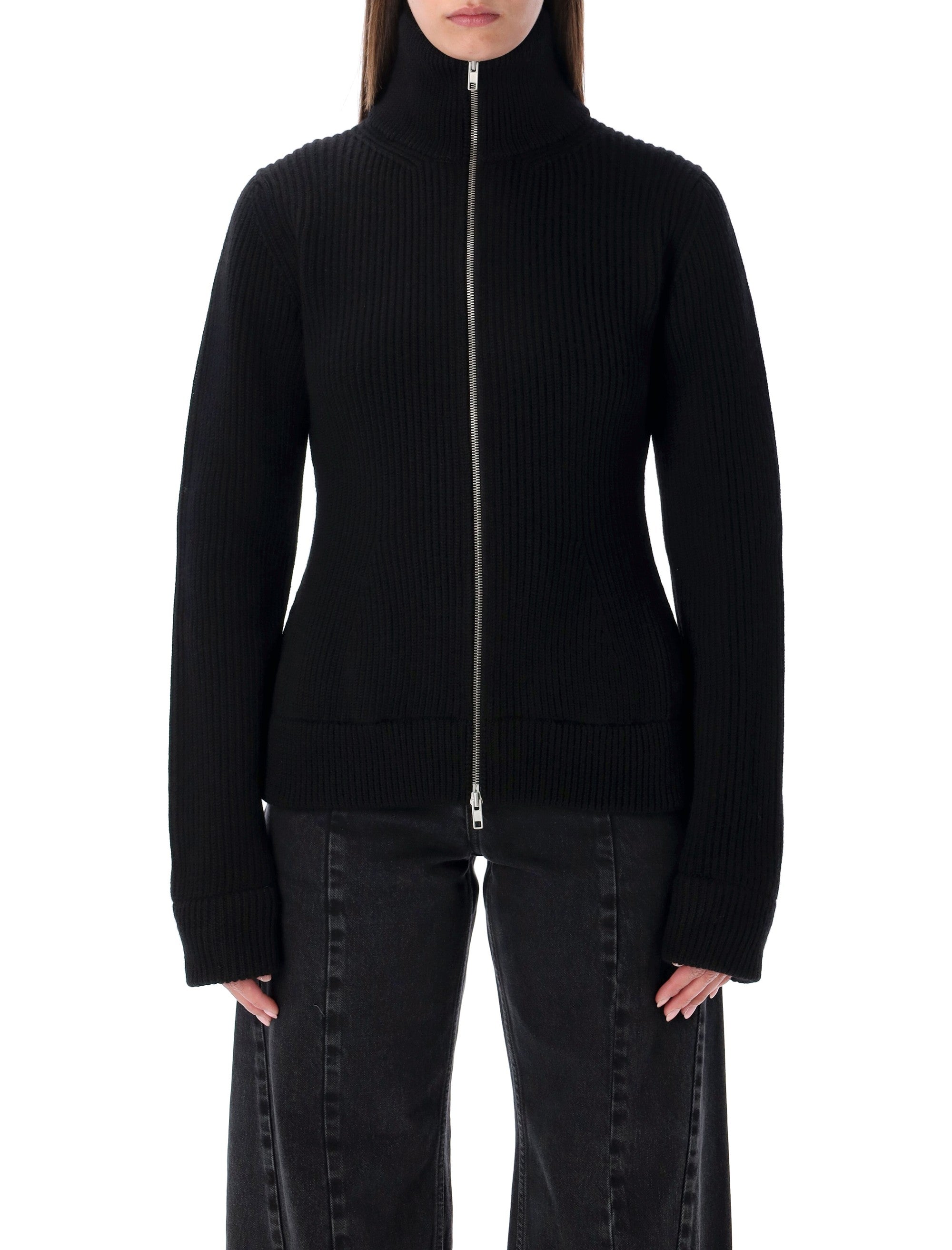 Maison Margiela Wool Ribbed Zip-Up High-Neck Cardigan Black Virgin Sweater