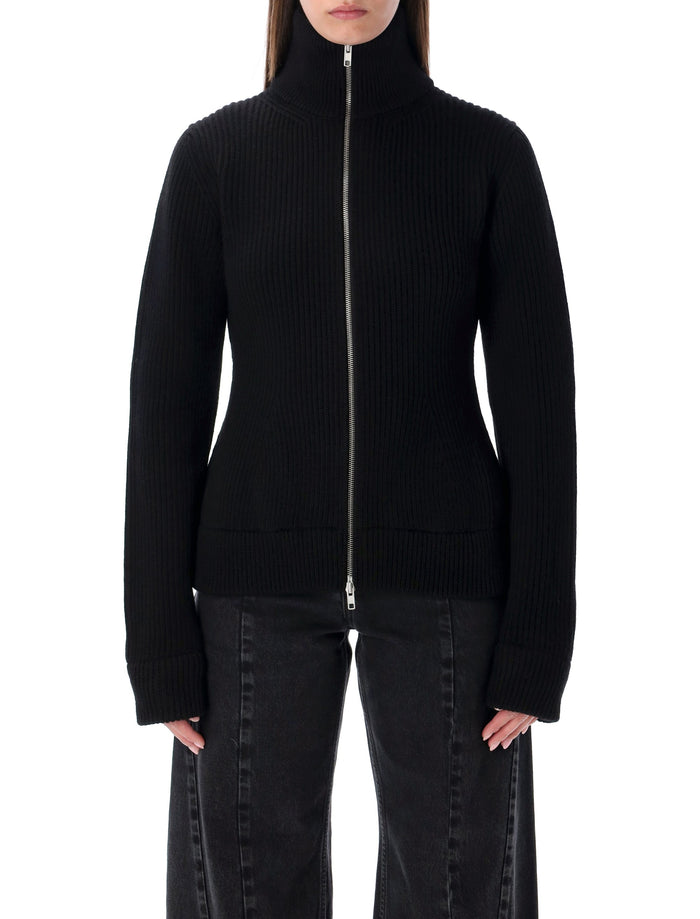 Maison Margiela Wool Ribbed Zip-Up High-Neck Cardigan Black Virgin Sweater