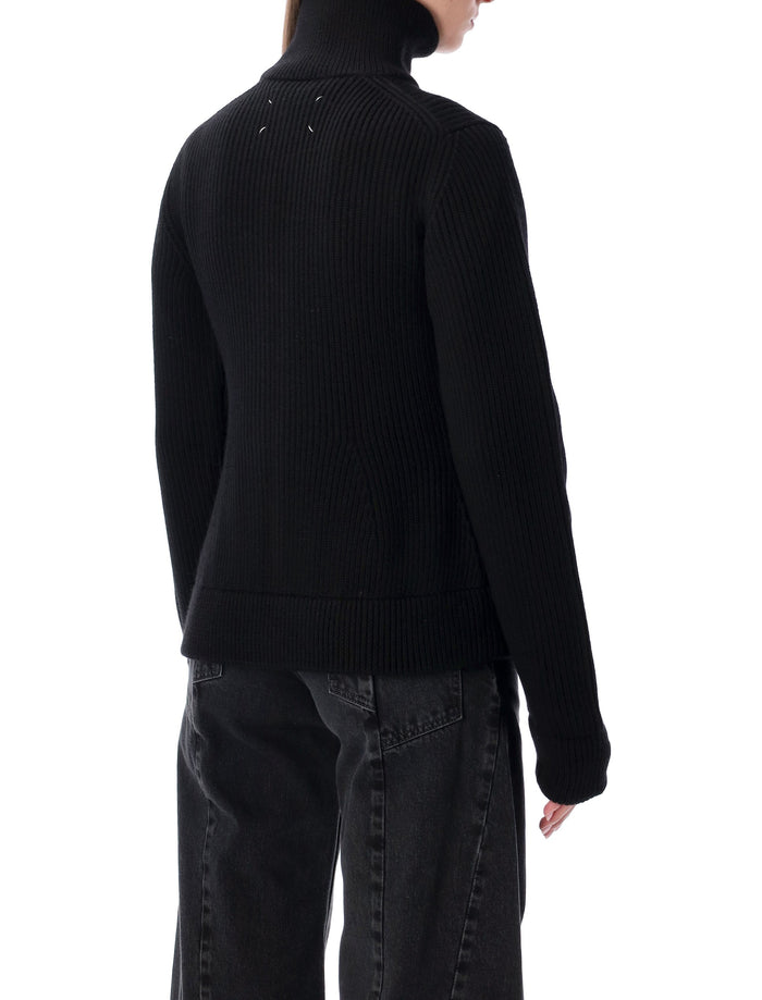 Maison Margiela Wool Ribbed Zip-Up High-Neck Cardigan Black Virgin Sweater