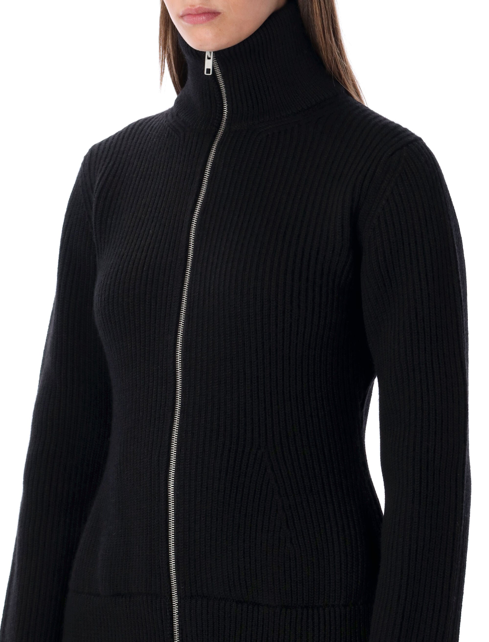 Maison Margiela Wool Ribbed Zip-Up High-Neck Cardigan Black Virgin Sweater