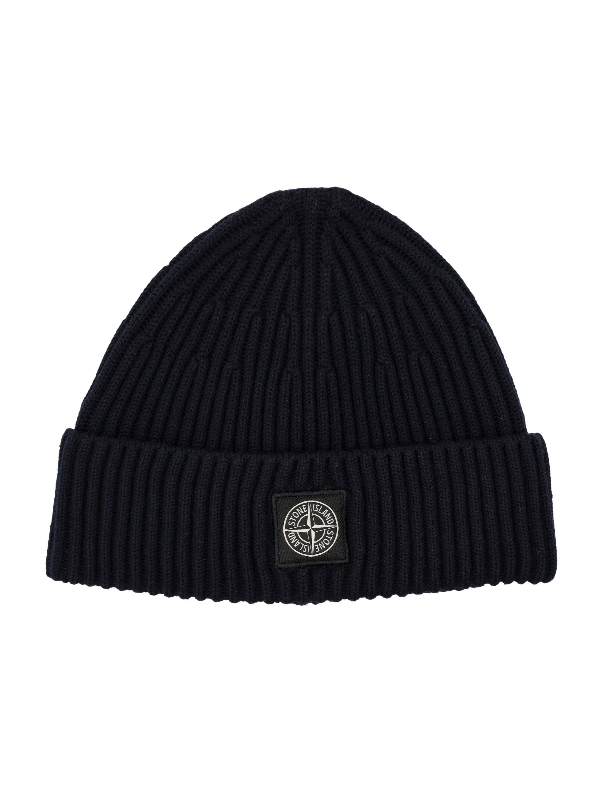 Stone Island Ribbed Wool Beanie with Logo Patch Navy Virgin Hat