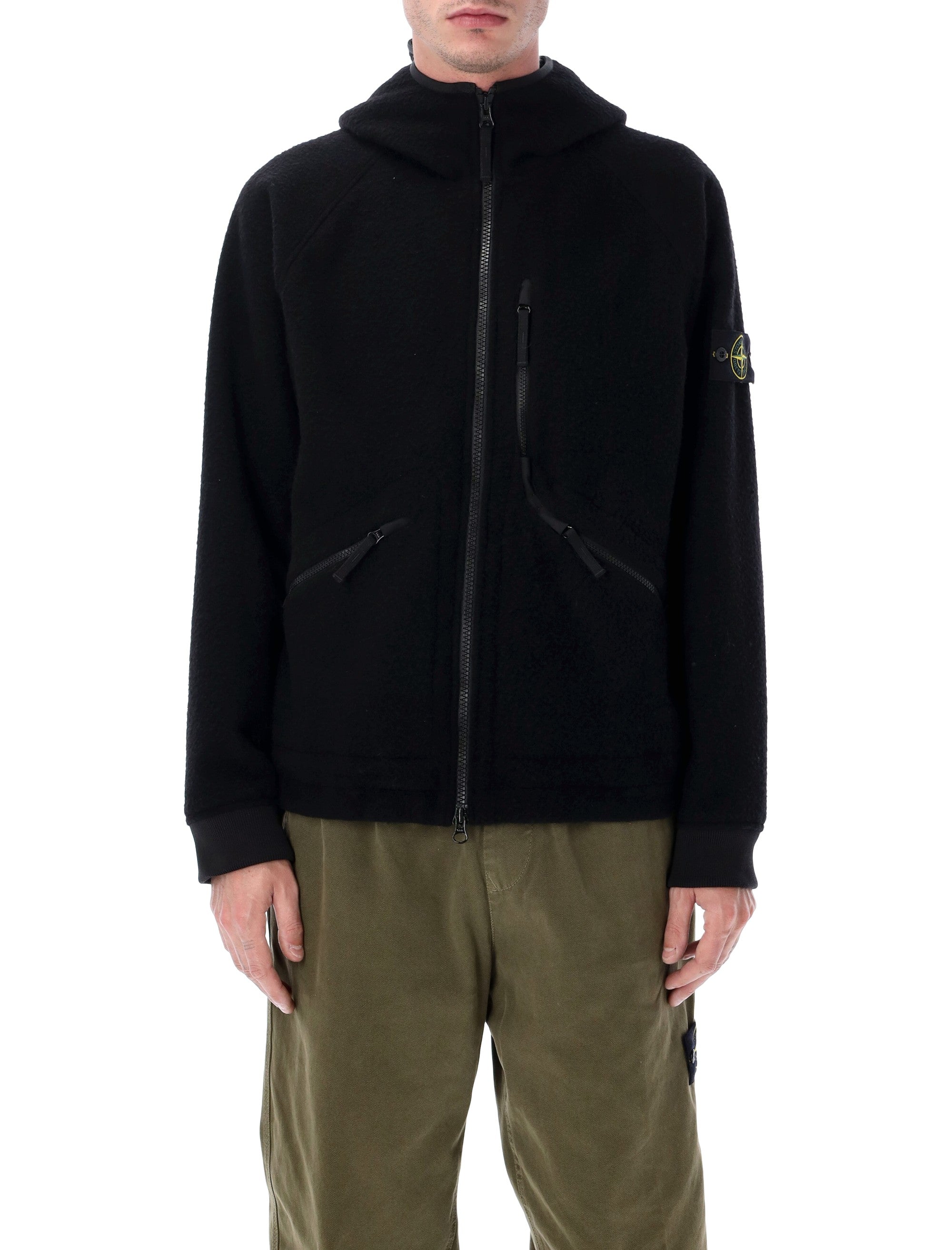 Stone Island hooded jacket in ratteened wool nylon Black Virgin