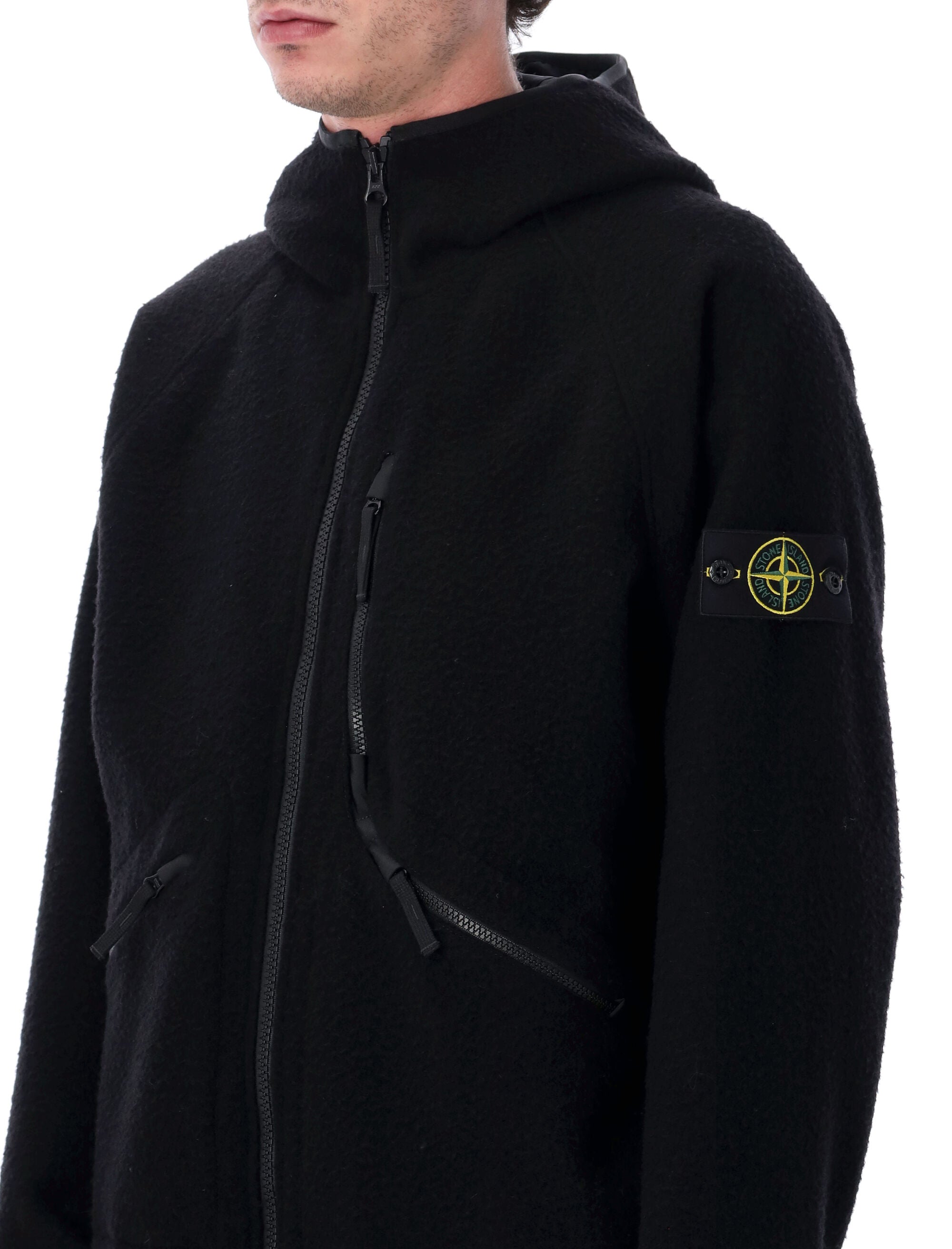 Stone Island hooded jacket in ratteened wool nylon Black Virgin