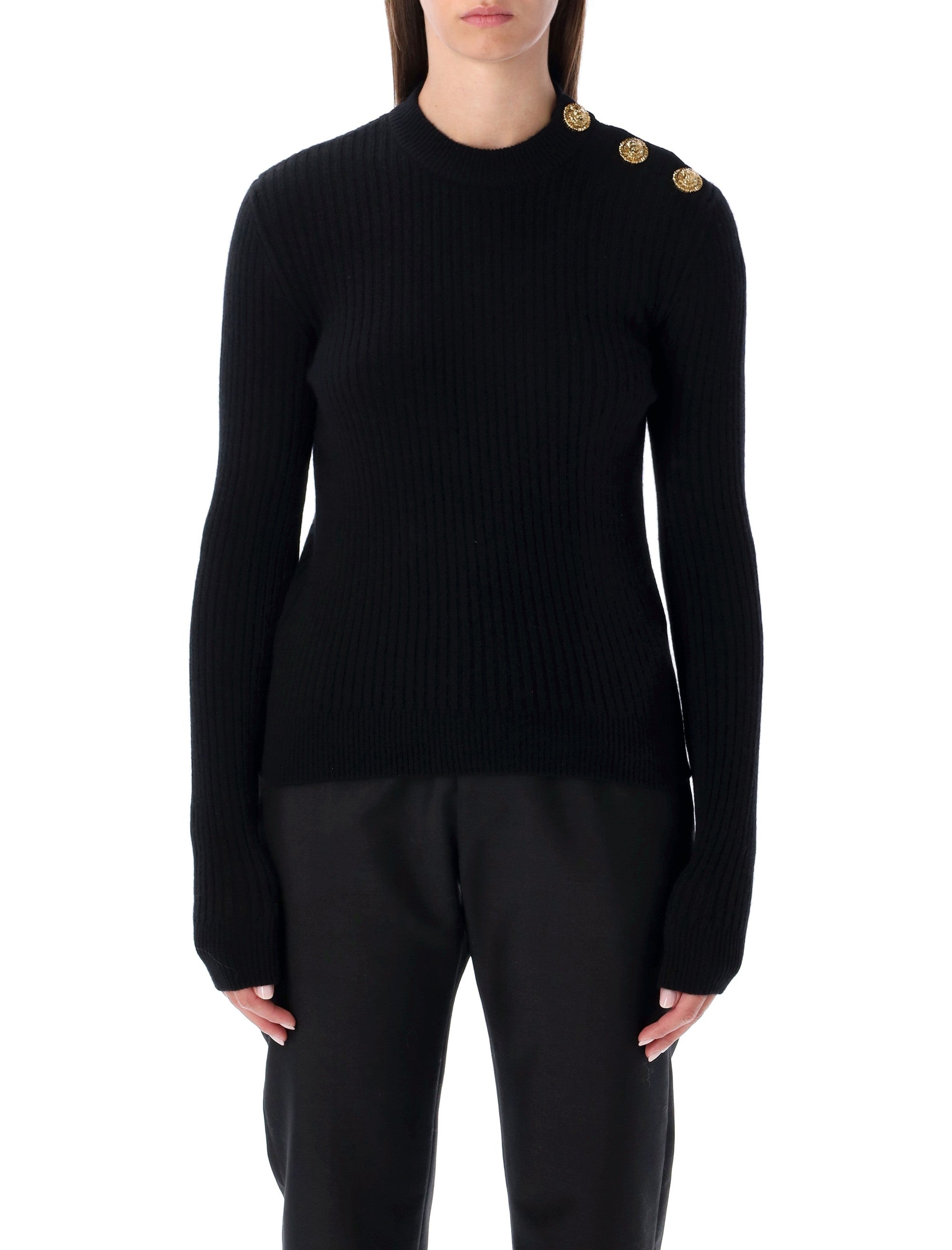 Balmain black ribbed wool sweater with gold buttons Cashmere