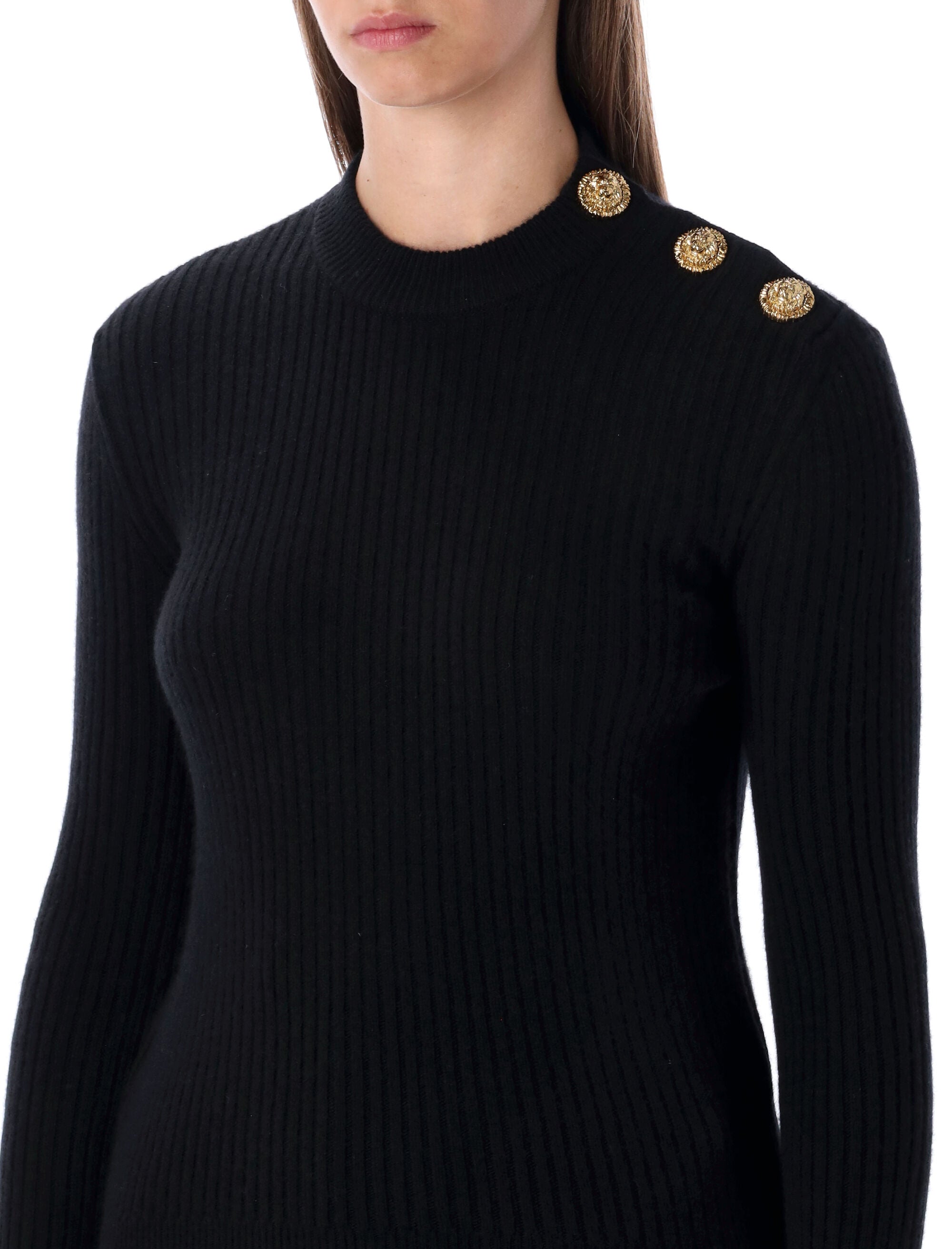 Balmain black ribbed wool sweater with gold buttons Cashmere