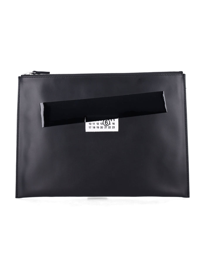 MM6 Maison Margiela black leather pouch with logo and tape detail Bovine