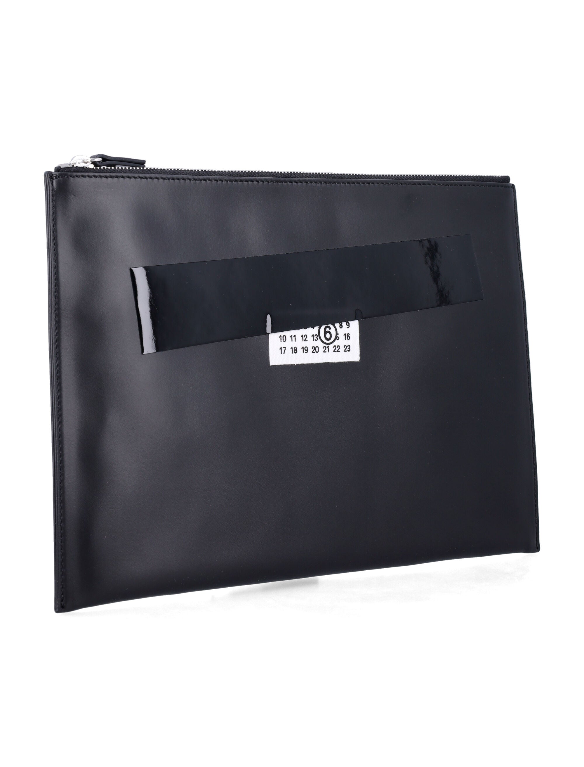 MM6 Maison Margiela black leather pouch with logo and tape detail Bovine